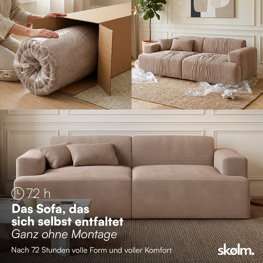 skølm Sofa Freki aus Cord, Vollschaumcouch mit Federkern und Vakuum-Kompression, Taupe, Couch 2 Sitzer mit 2 Kissen, kein Aufbau erforderlich, 230 cm breit, gepolstert, vakuumiert