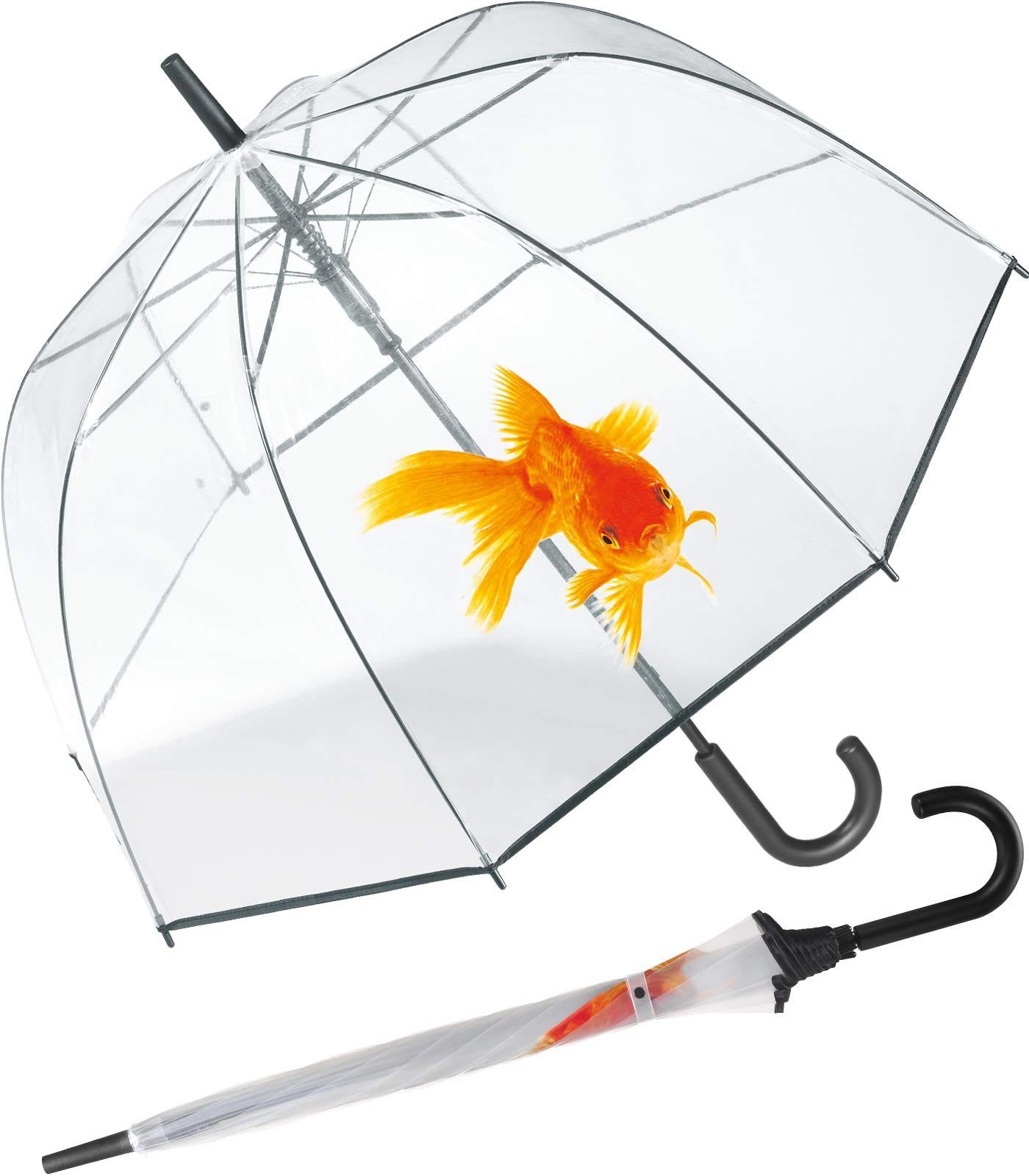 HAPPY RAIN Langregenschirm großer, transparenter Glockenschirm für Damen, bedruckt mit gelb-orangenem Goldfisch-Motiv