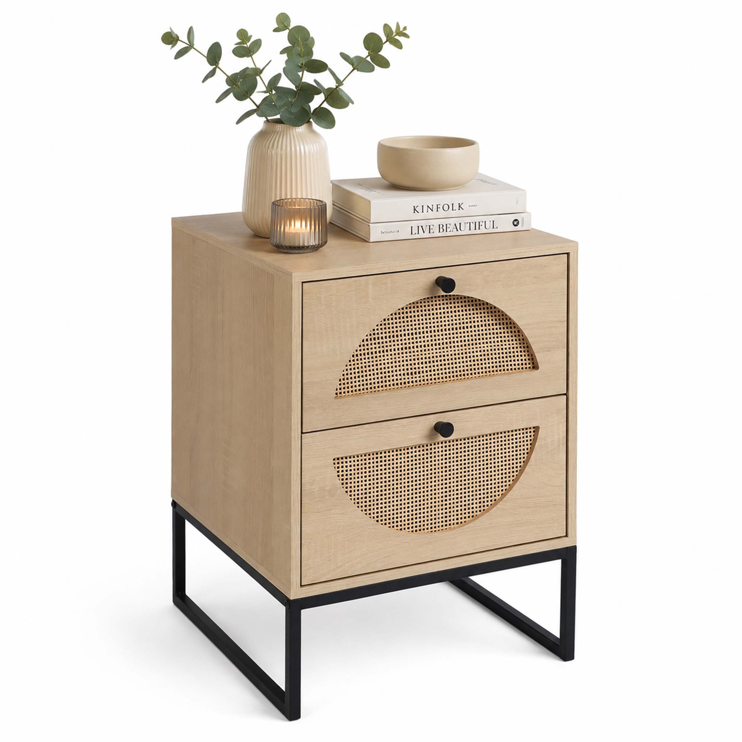 relaxdays Nachttisch mit Rattan Details
