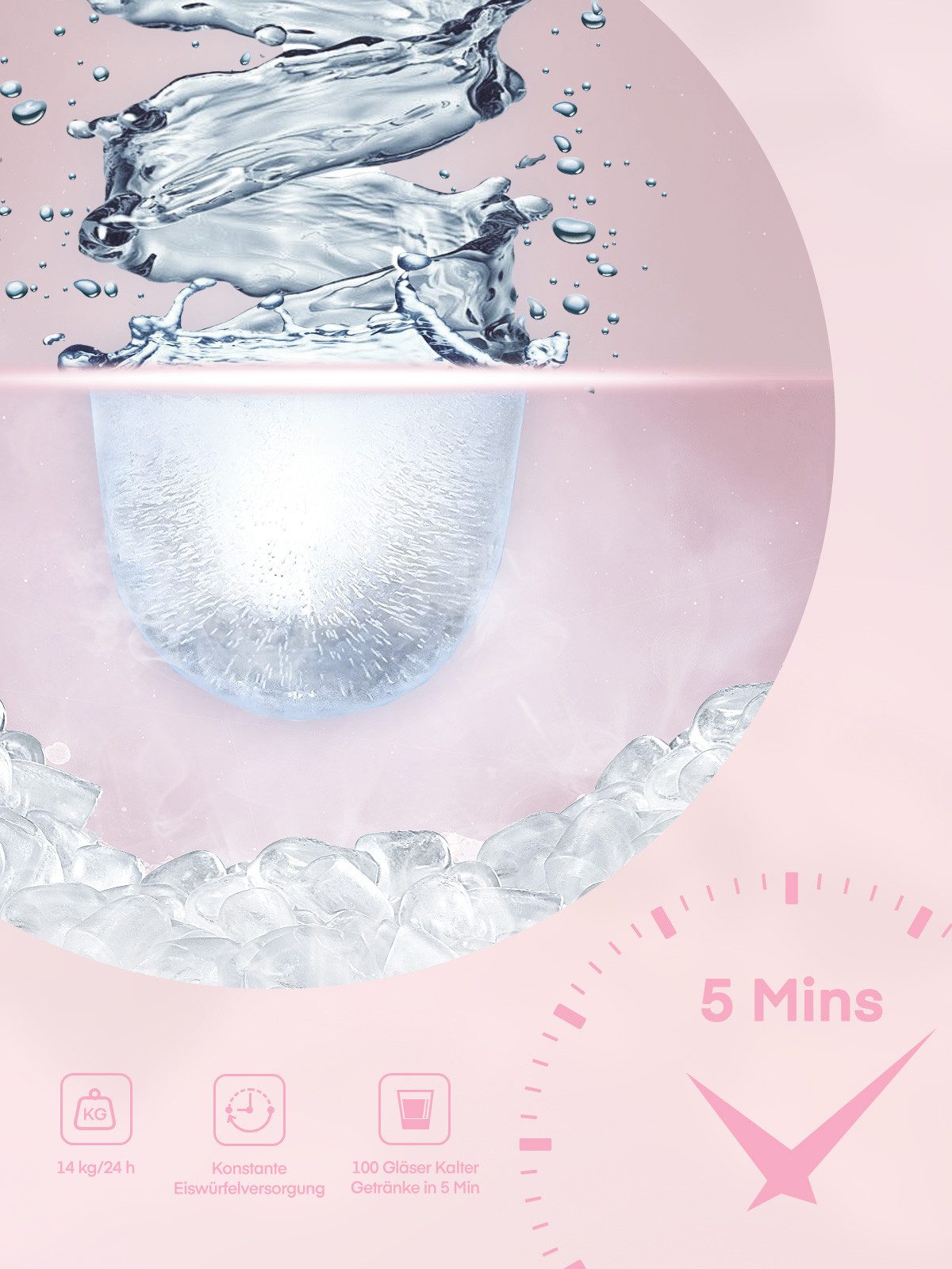 FOHERE Eiswürfelmaschine Klein, 14kg/24h, 6 Min. Eis, 2 Bullet Ice Größen, selbstreinigend, Party/Büro, rosa