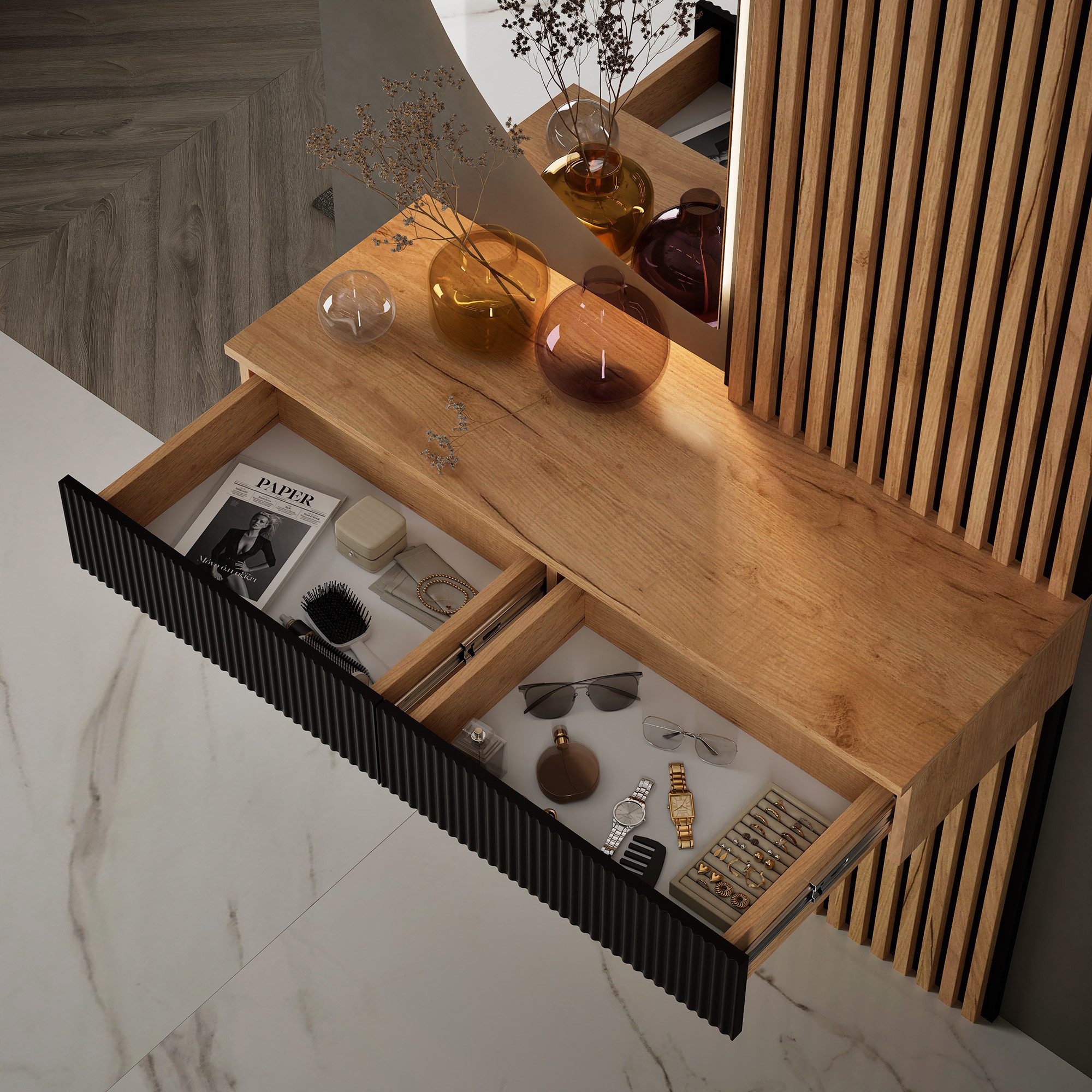 Planetmöbel Garderoben-Set AMYRA Flur Garderobe Spiegel mit Beleuchtung & Akustikpaneele, (LED Spiegel NIVORA 50 x 100 cm, Touch-Funktion, Dimmbar, Konsolentisc – Bild 4 von 5