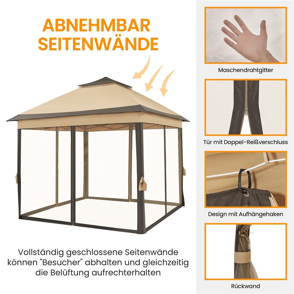 Yaheetech Faltpavillon Höhenverstellbarer Gartenpavillon mit Dach 3,3x3,3 m/ 4x4m, mit 4 Seitenteilen, Zelt mit Moskitonetz & Doppeldach & Tragetasche – Bild 5 von 5