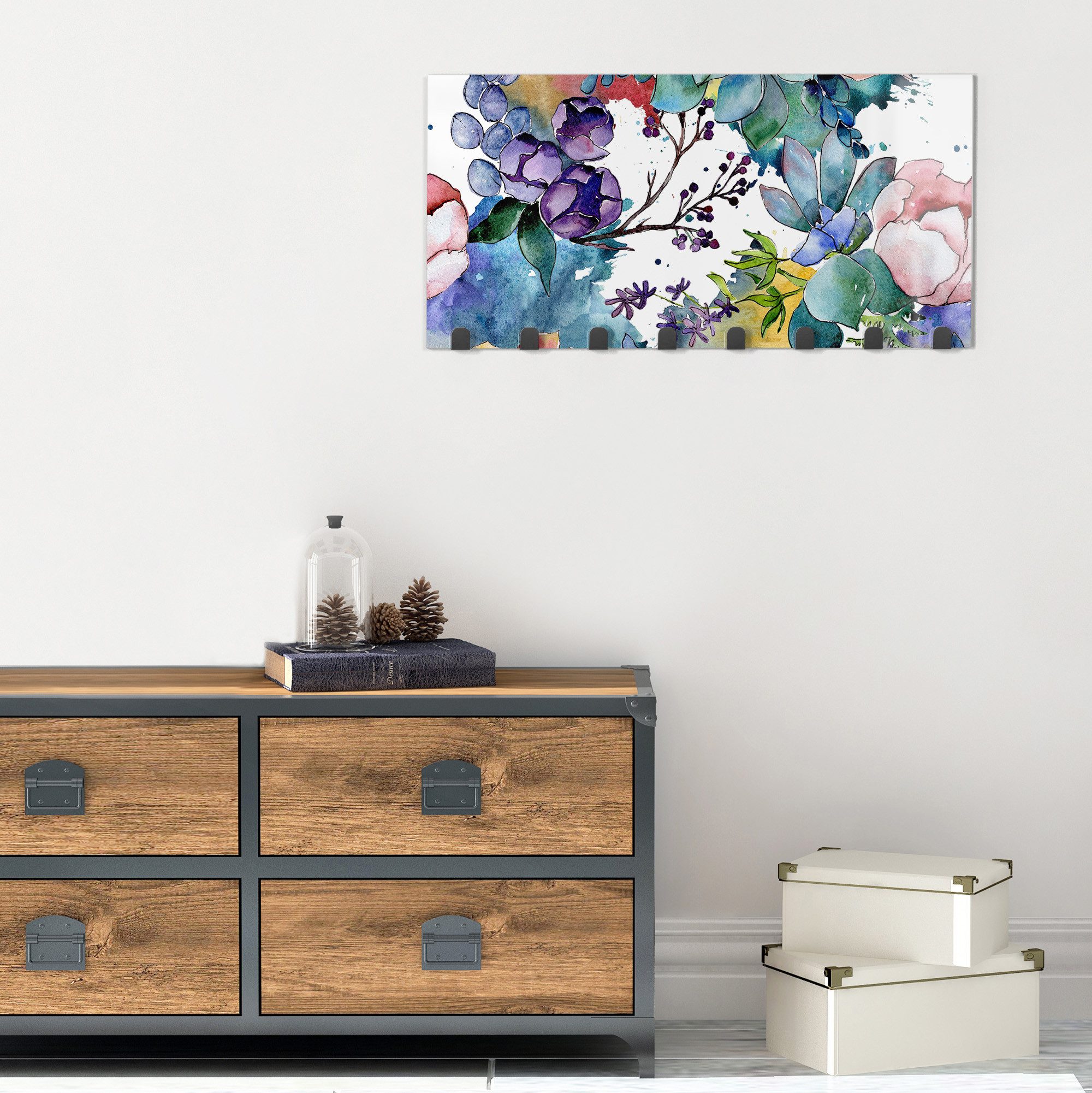 DEQORI Kleiderhaken 'Bunter Blütenrausch', Glas Garderobe Paneel magnetisch beschreibbar