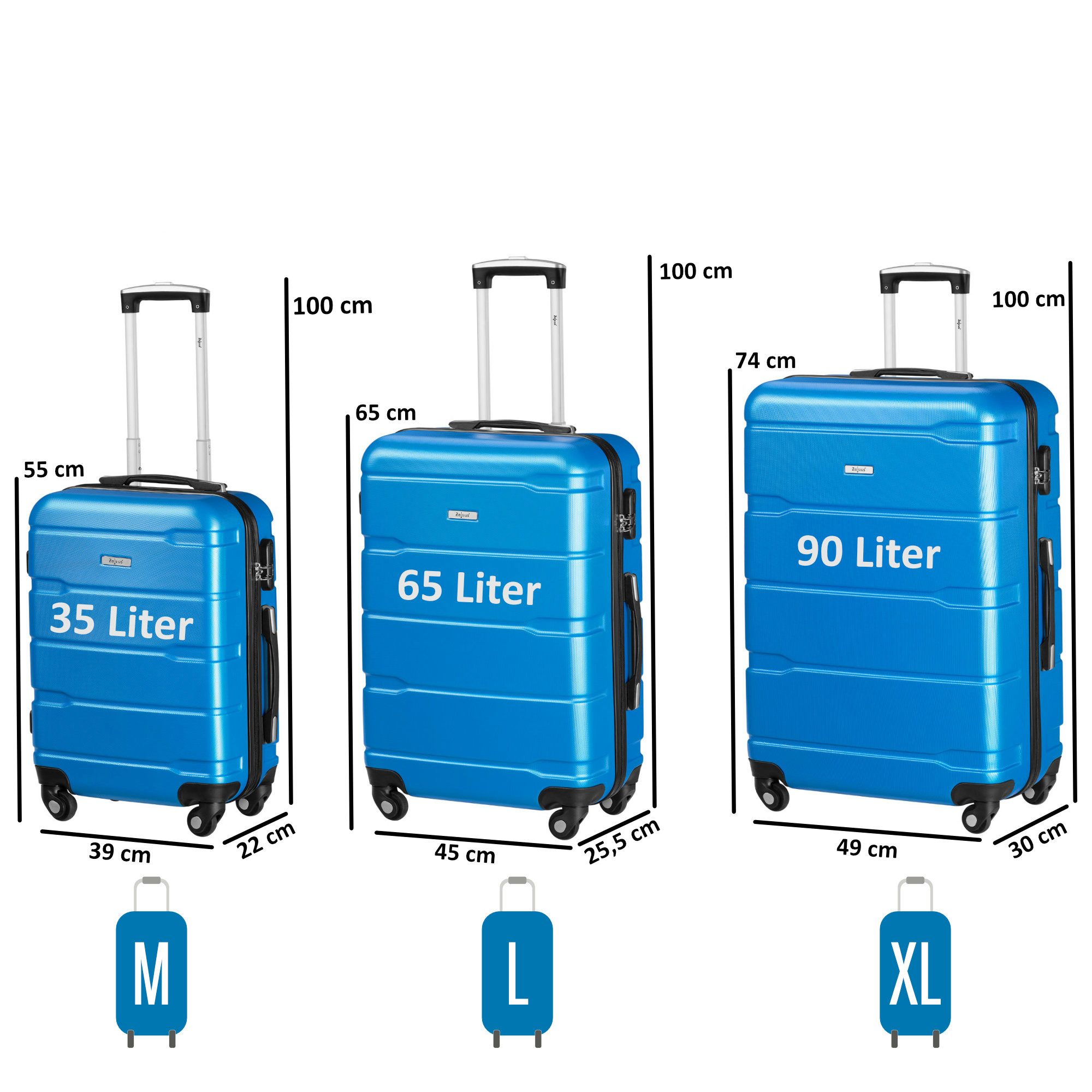 Zelsius Kofferset Koffer Set 3 Stück, Blau, ABS Hartschalenkoffer mit Zahlenschloss, 4 Rollen, (Set, 3 teiliges Kofferset)