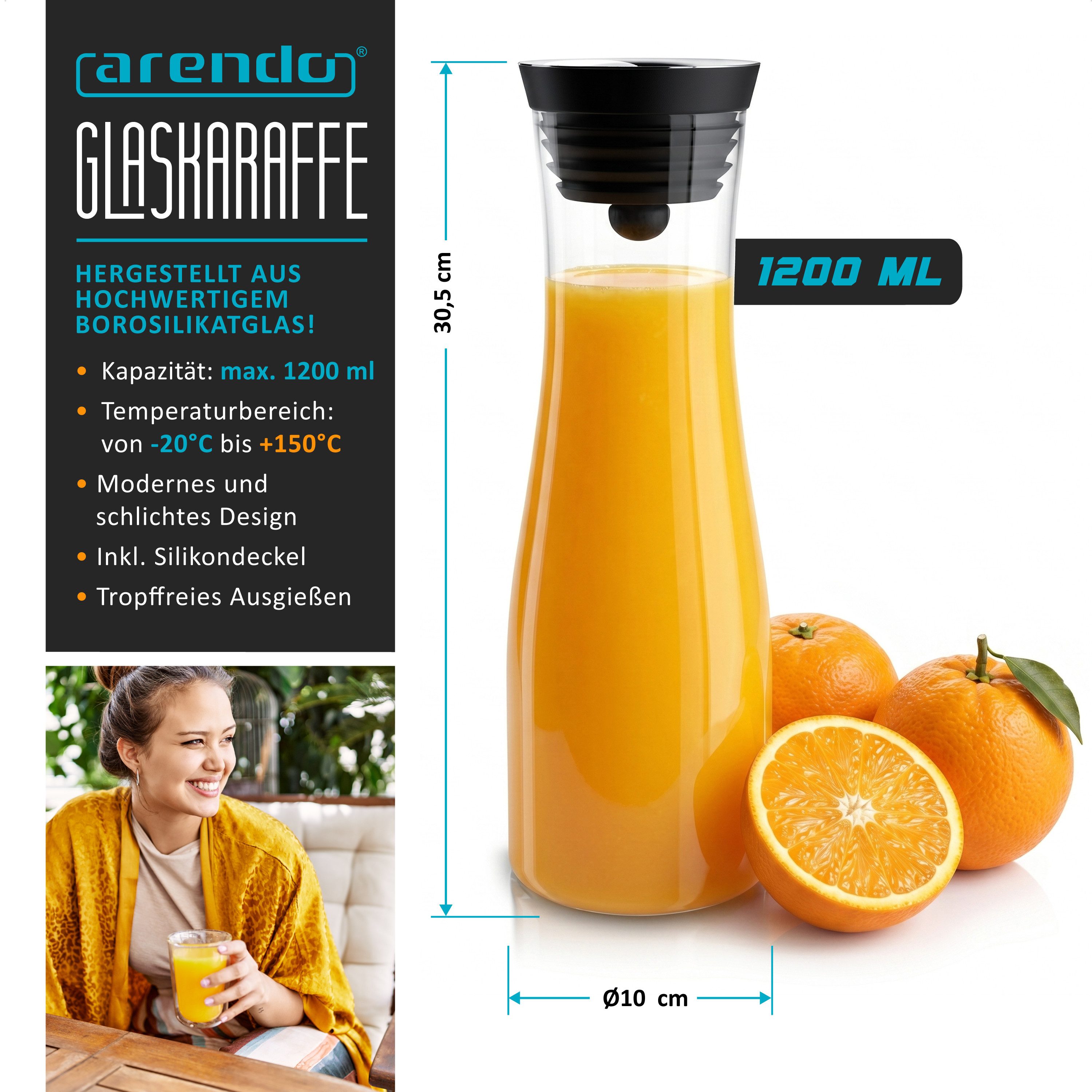 Arendo Karaffe Glaskaraffe 1200 ml mit Deckel, Wasserkaraffe mit Edelstahl Grobfilter, Borosilikatglas, 1,2 L, Sieb, hitze- und kältebeständig, BPA-frei