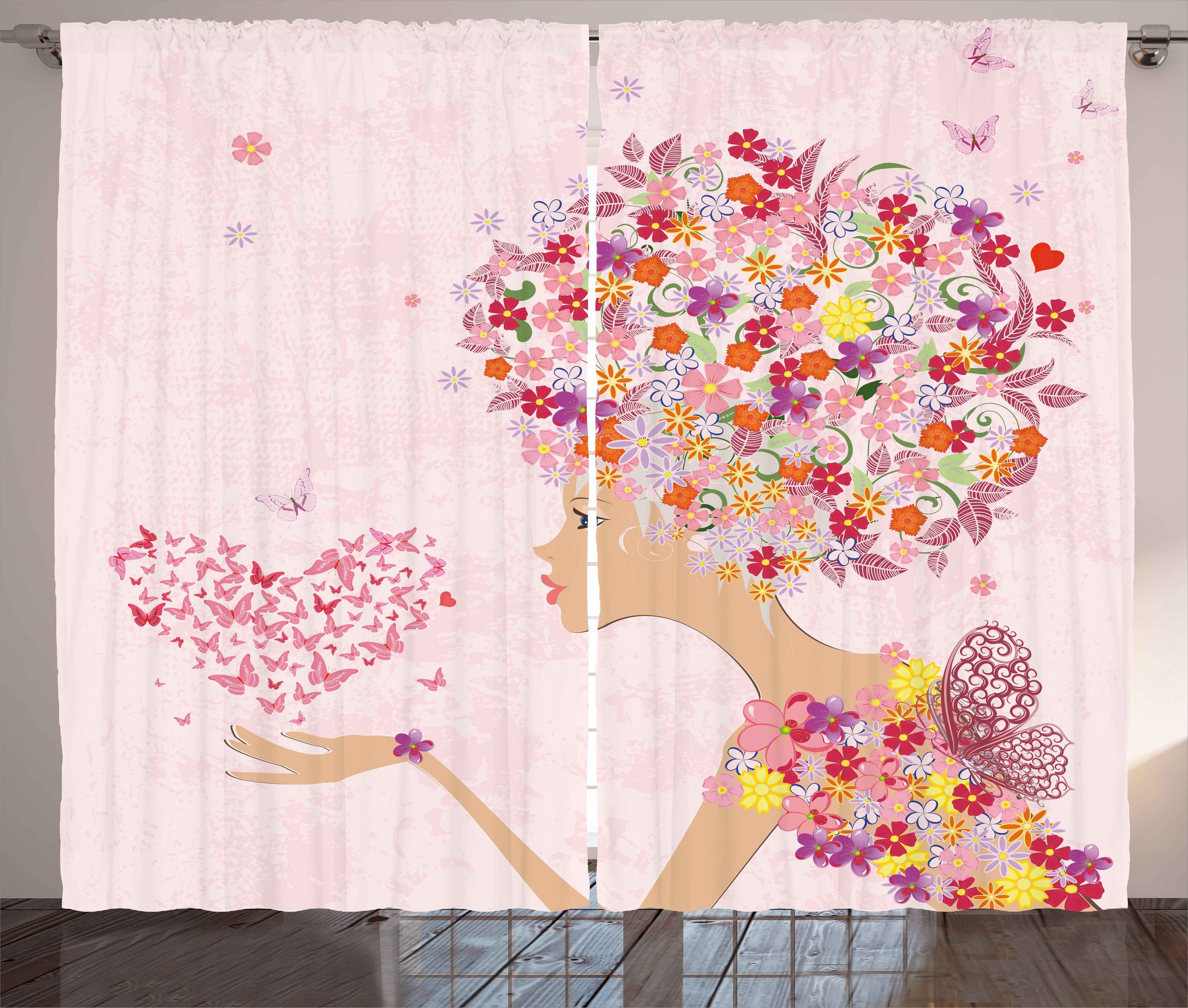 Gardine Schlafzimmer Kräuselband Vorhang mit Schlaufen und Haken, Abakuhaus, Rosa Blumen Mädchen Schmetterlinge