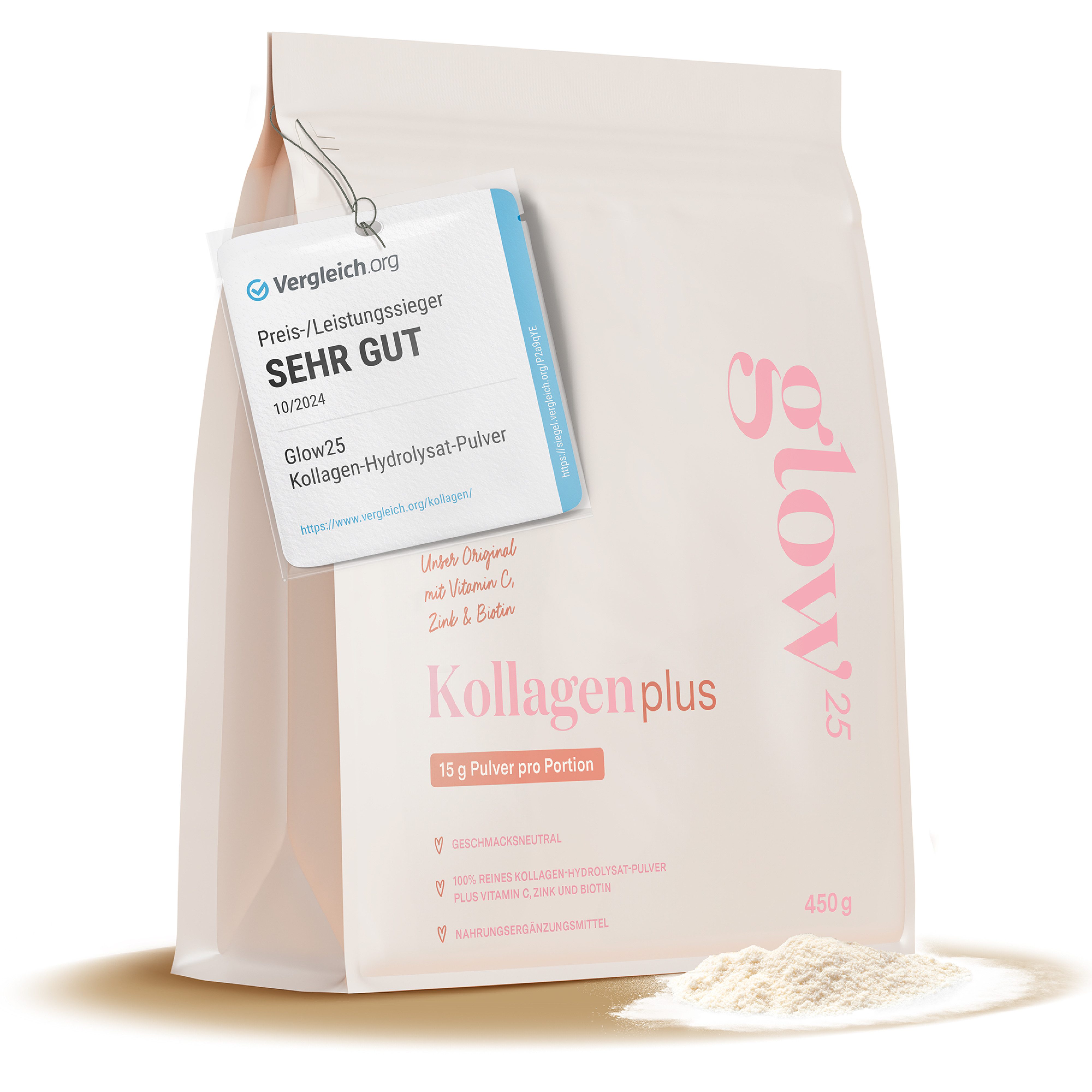 Glow25 Collagen Plus [450g] - mit Biotin, Zink und Vitamin C Pulver, 450 g