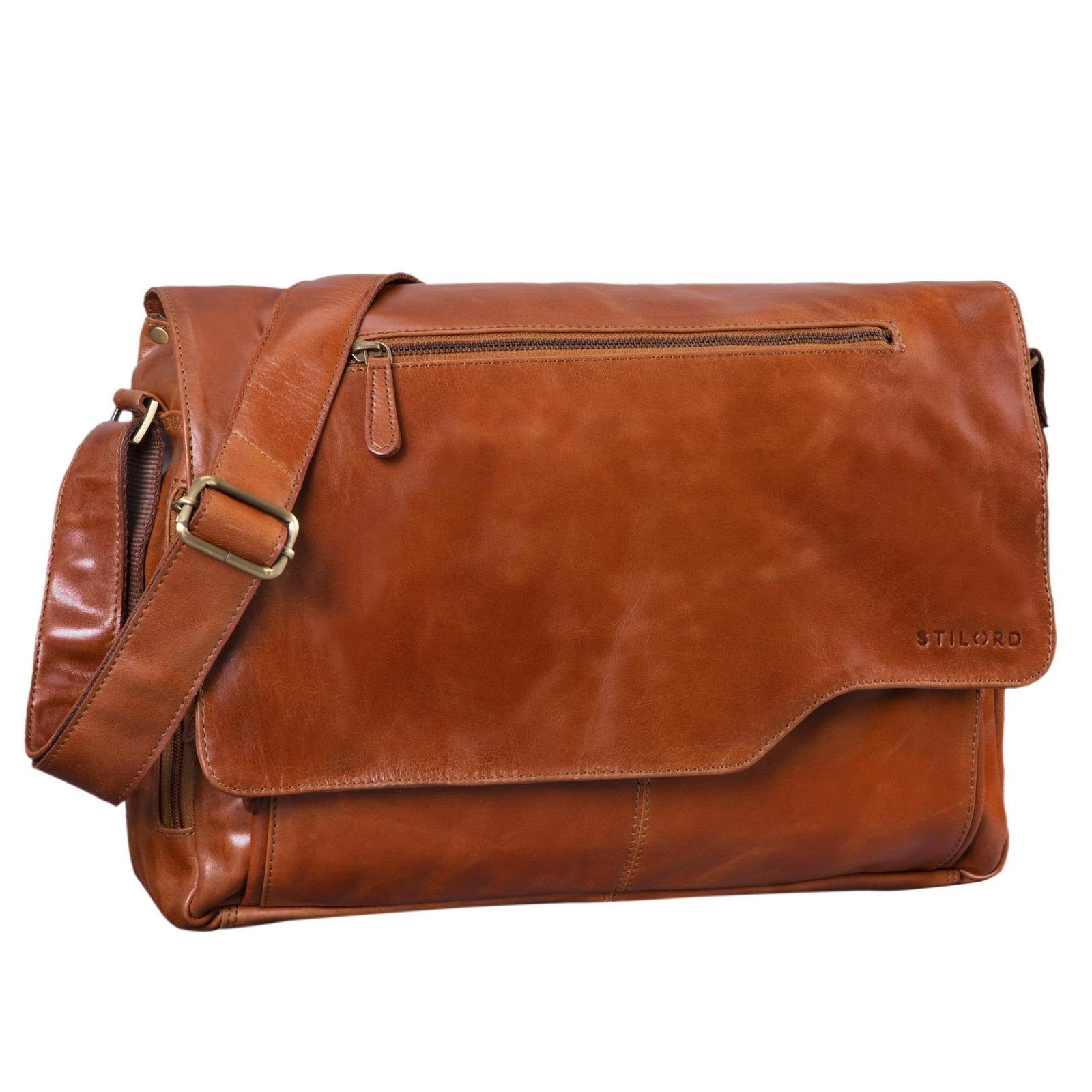 glänzend - "Marvin" Umhängetasche STILORD cognac Laptoptasche Leder