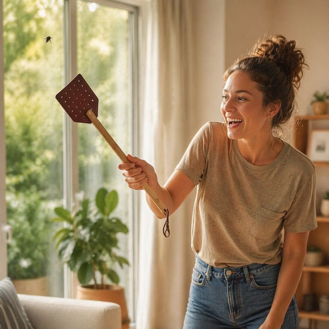 Topanbieter999 Fliegenklatsche mit Holzgriff extra lang 51 cm, Gelochtes Design für präzises Treffen