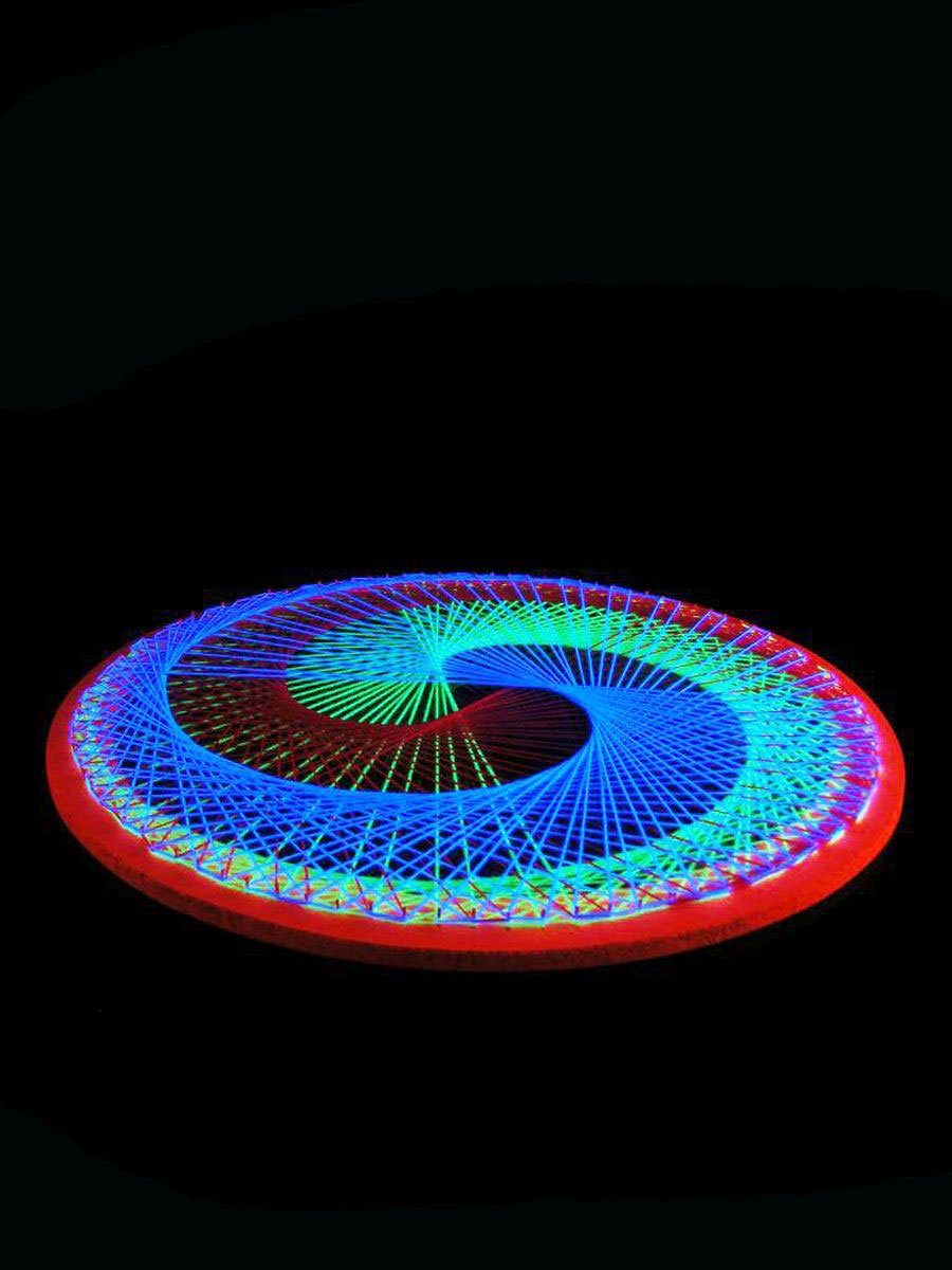 PSYWORK Dekoobjekt Schwarzlicht 2D StringArt Fadendeko Spirale "Neon Circle Red", 50cm, UV-aktiv, leuchtet unter Schwarzlicht