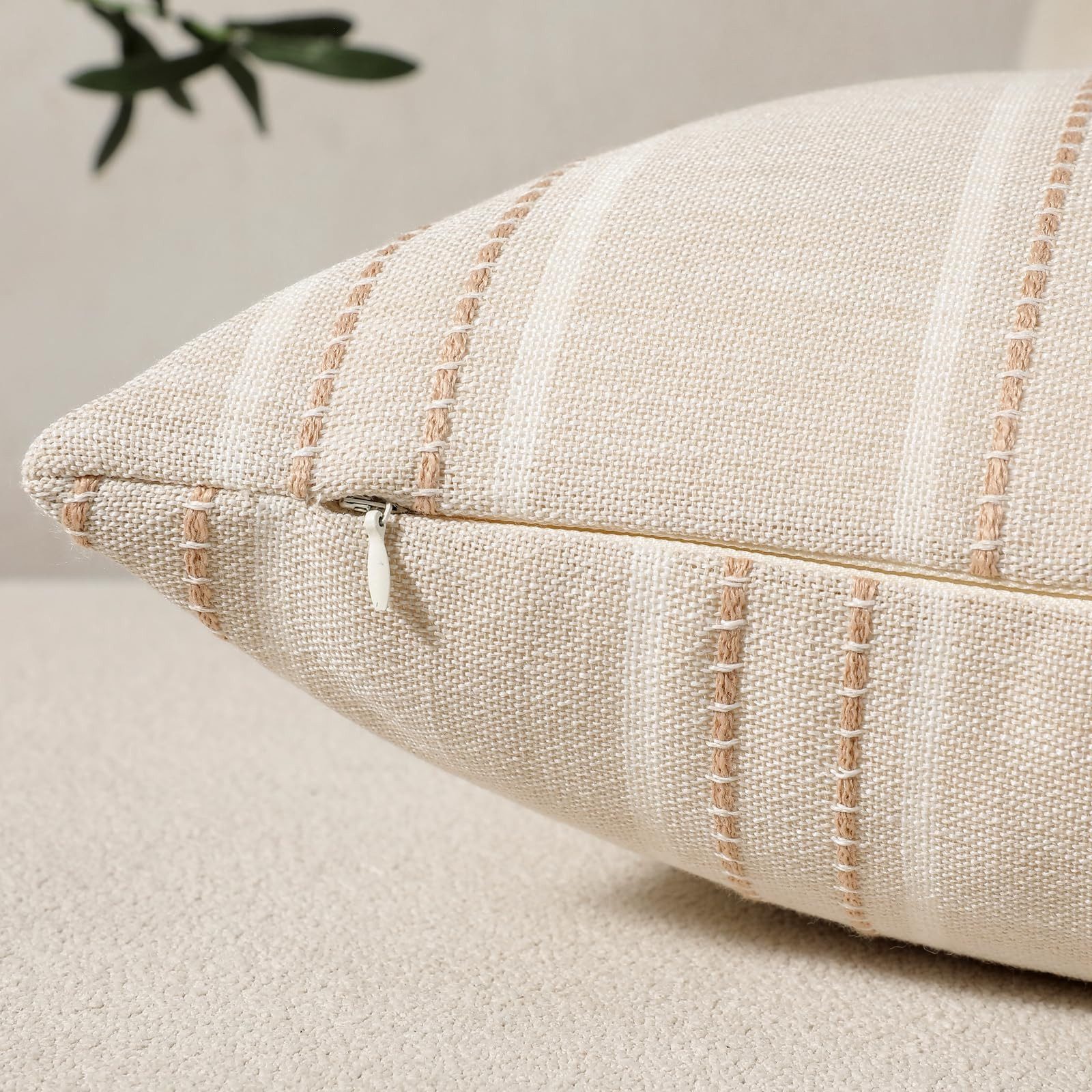 FOUORTUNATE-BEE Kissenbezug 2 Stück Farmhouse gestreift Kissenbezug Beige mit Streifen, (2 Stück), Kissenbezüge für Sofa, Couch, Bett, Wohnzimmer, Bauernhaus-De – Bild 3 von 5