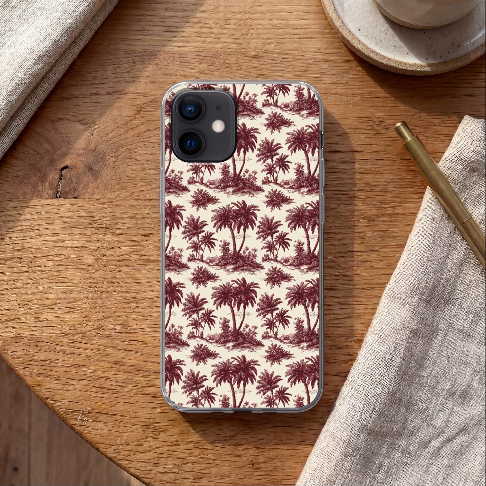 MuchoWow Handyhülle für Apple iPhone 12 Tropisch - Geometrisch - Burgunderrot, Smartphone-Bumper, Print, Handy Schutzhülle Dünn