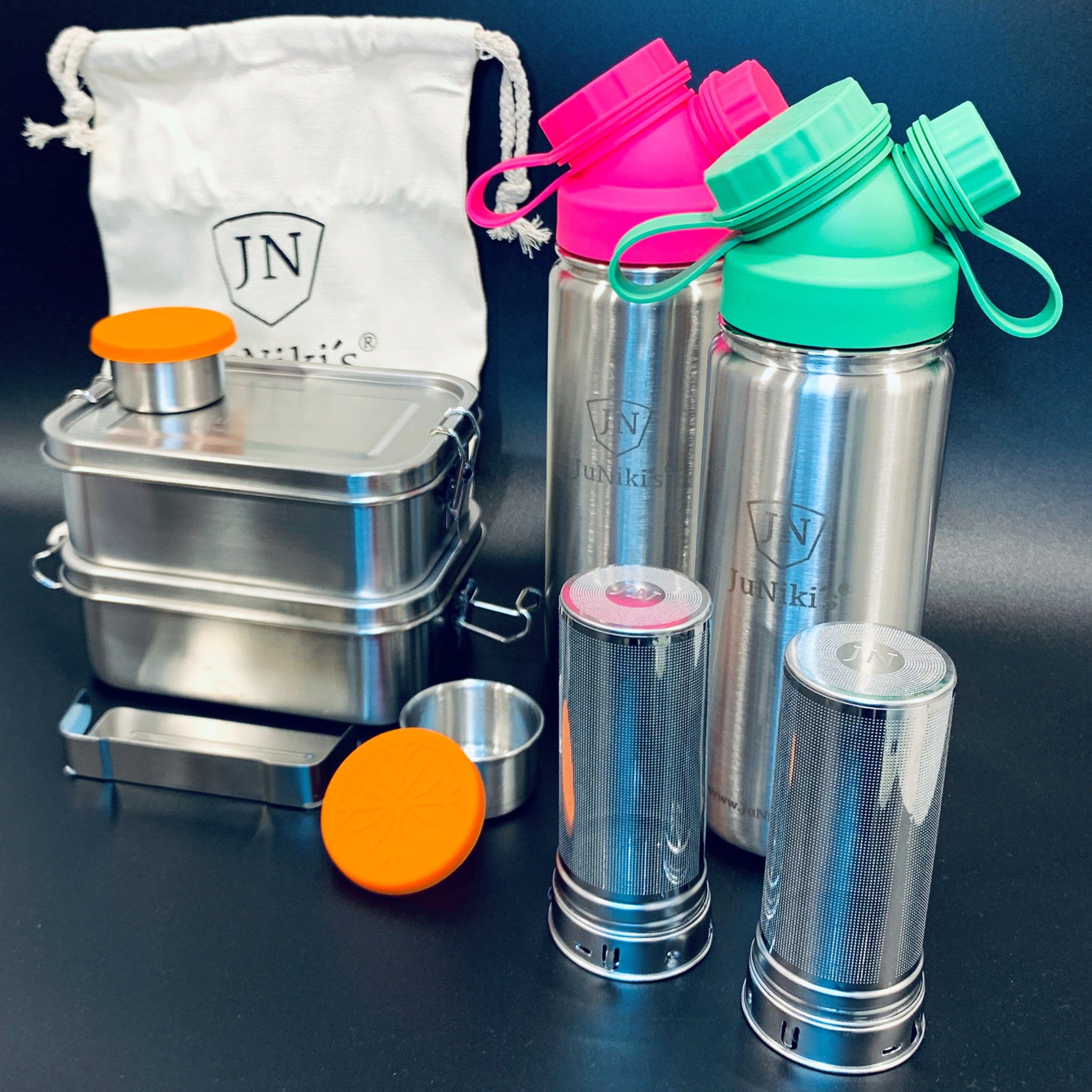 JN JuNiki´s Lunchbox Premium-Schüler-Set aus Edelstahl, Edelstahl, 2er-Spar-Set: Je 2x JuNiki´s® Lunchbox + Trinkflasche isoliert 550ml + Teefilter Pink-Grün