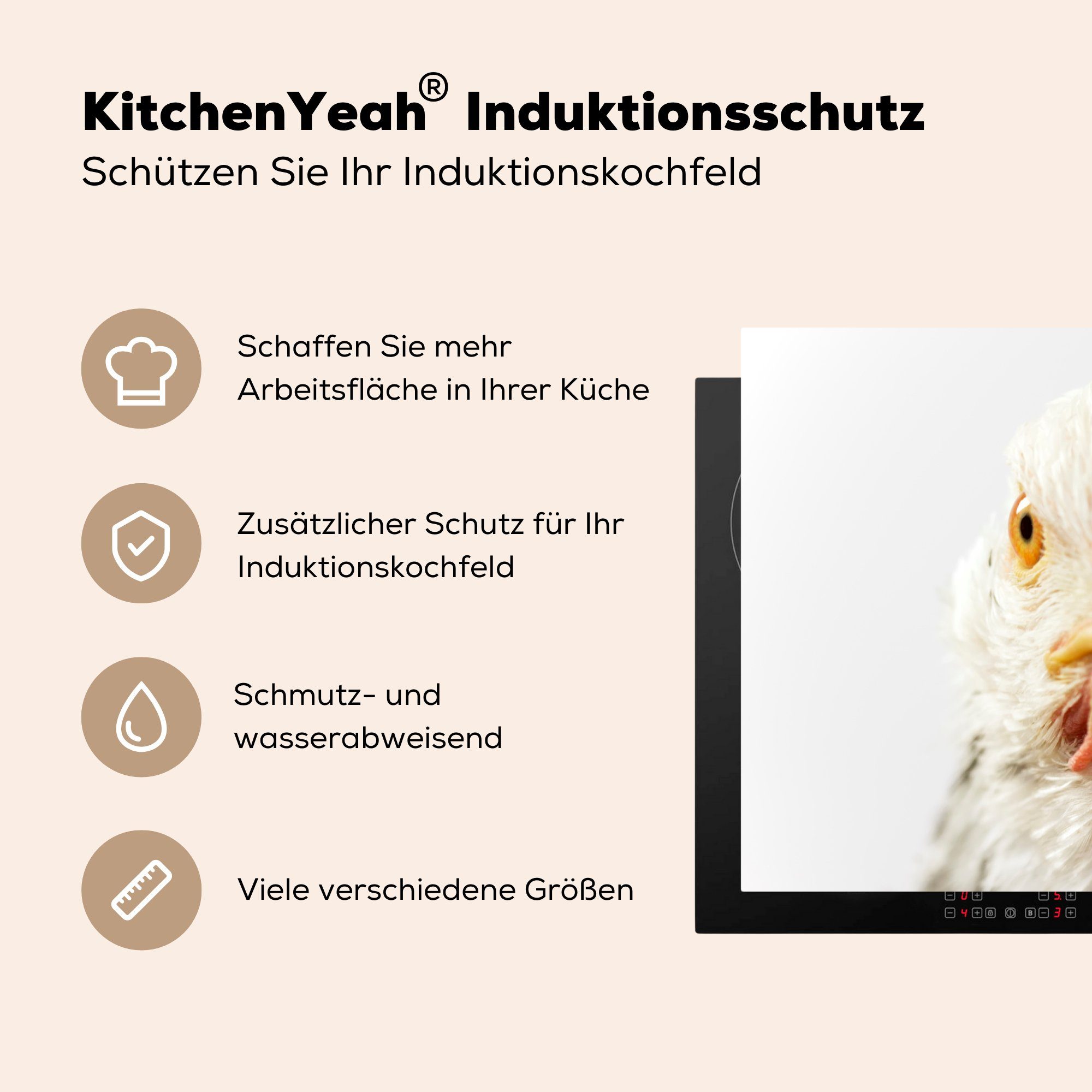cm, Vinyl, Induktionskochfeld küche, die Huhn, tlg), Vogelkopf Herdblende-/Abdeckplatte vom (1 MuchoWow Schutz 81x52 für Ceranfeldabdeckung