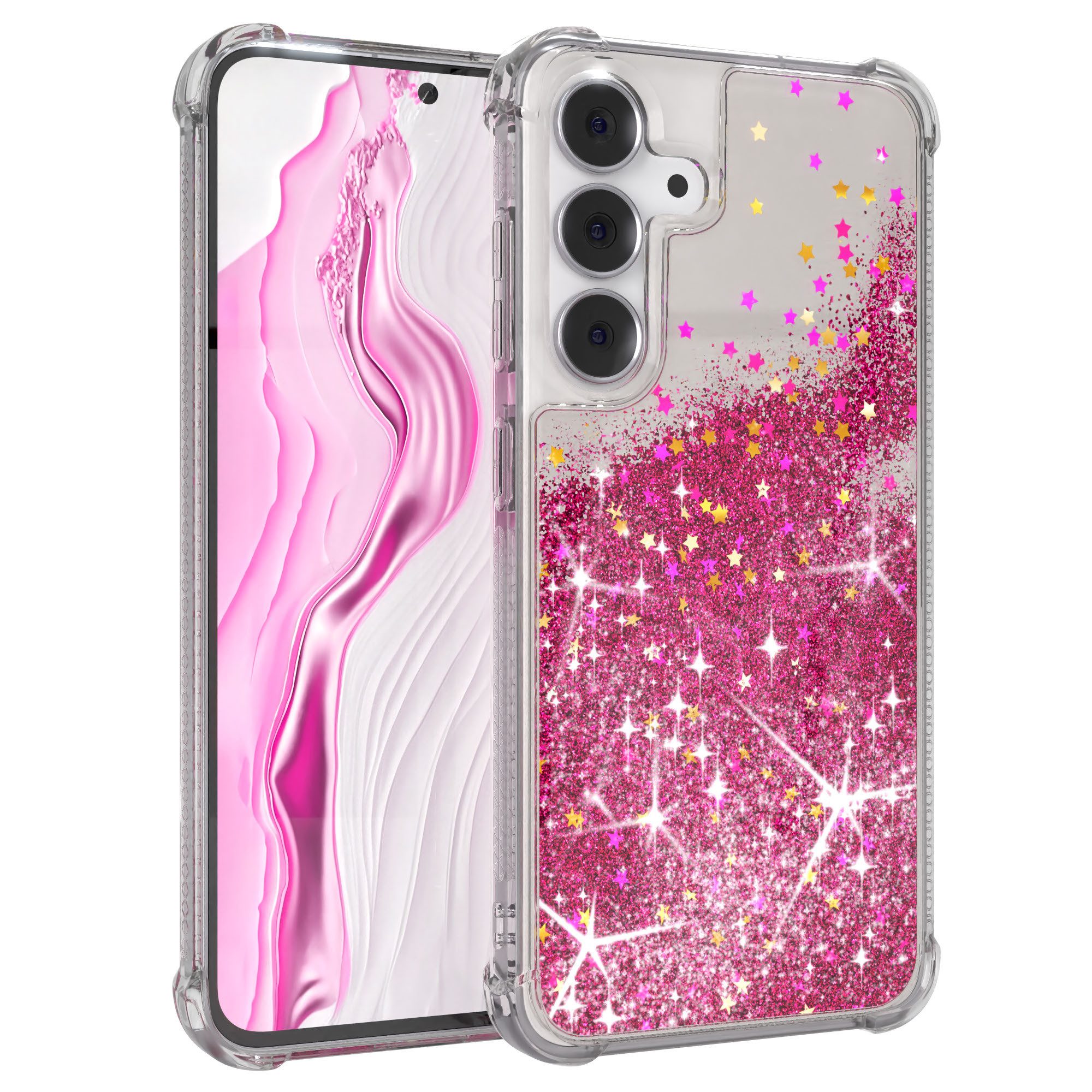 EAZY CASE Handyhülle Liquid Glittery Case für Samsung Galaxy S25 FE 6,7 Zoll, Glitzerhülle Shiny Slimcover stoßfest Durchsichtig Bumper Case Pink