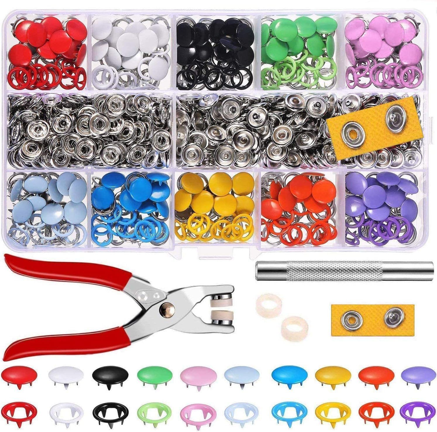 MOPUEA Druckknopf 200 Sets Edelstahl Druckknöpfe Mit Zange Druckknopf Set Ohne Nähen, Für DIY Kleidung Reparatur Druckknöpfe 9,5 mm 10 Farben