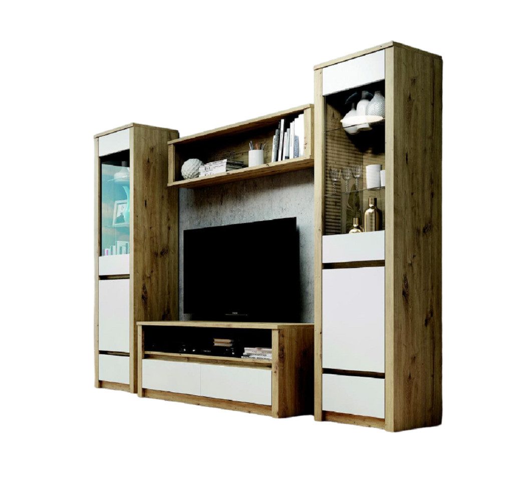 Wohnwand Elegantes Wohnzimmermöbel-Set in Hochglanz Weiß mit Vitrine