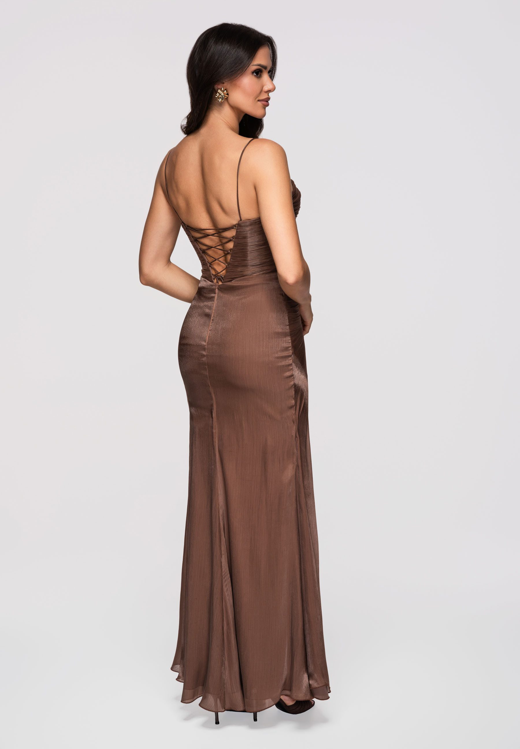 OMBRE Abendkleid Damen Abendkleid Maxi mit Herz-Ausschnitt Braun L (kein Set, 1-tlg)