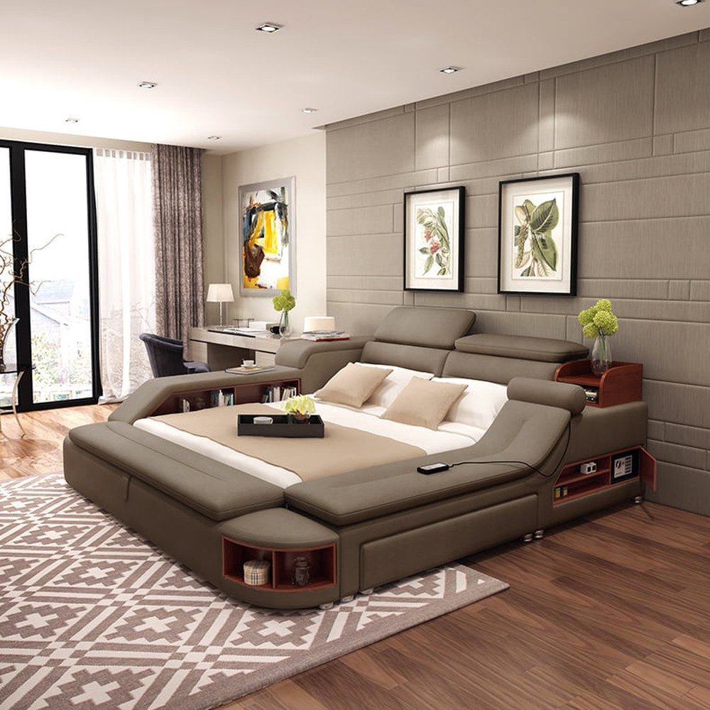 Xlmoebel Multimediabett Modernes Lederbett mit integrierten Lautsprechern und USB-Anschluss (Multifunktions Bett), Hergestellt in Europa