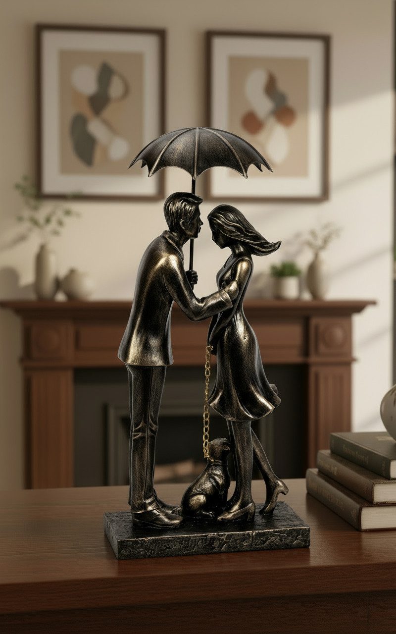 MF Dekofigur Dekofigur Paar mit Hund unter Regenschirm Gold Schwarz 32cm (1 St)