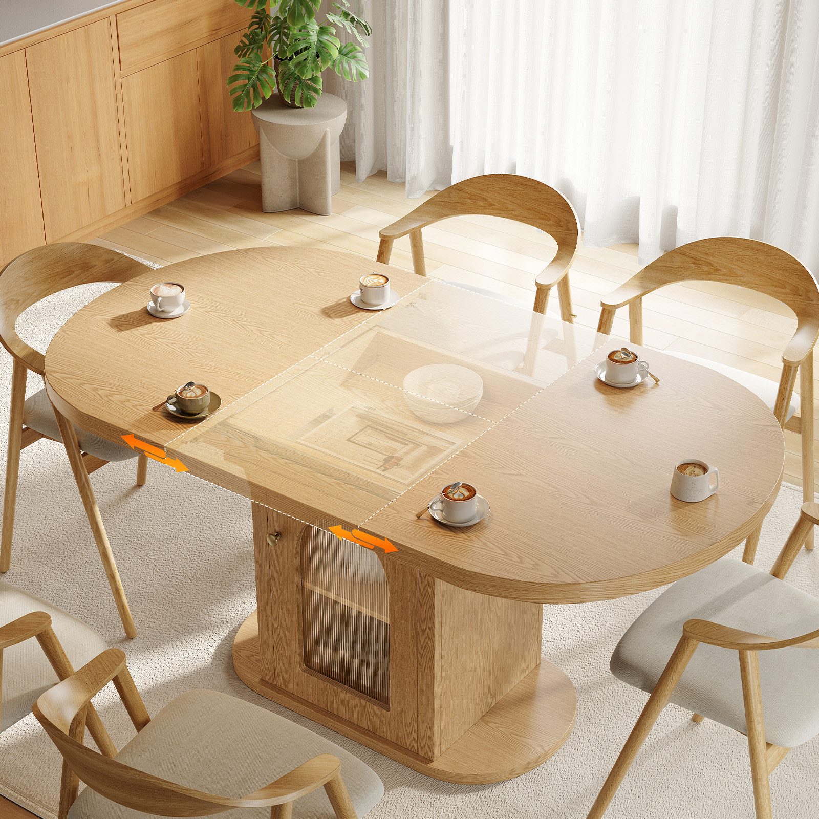 Patbrela Kulissen-Esstisch Ausziehbarer Esstisch 110–150 × 90 cm für 4–6 Personen, mit Stauraum & verstaubaren Erweiterungsplatten, platzsparend, Natur