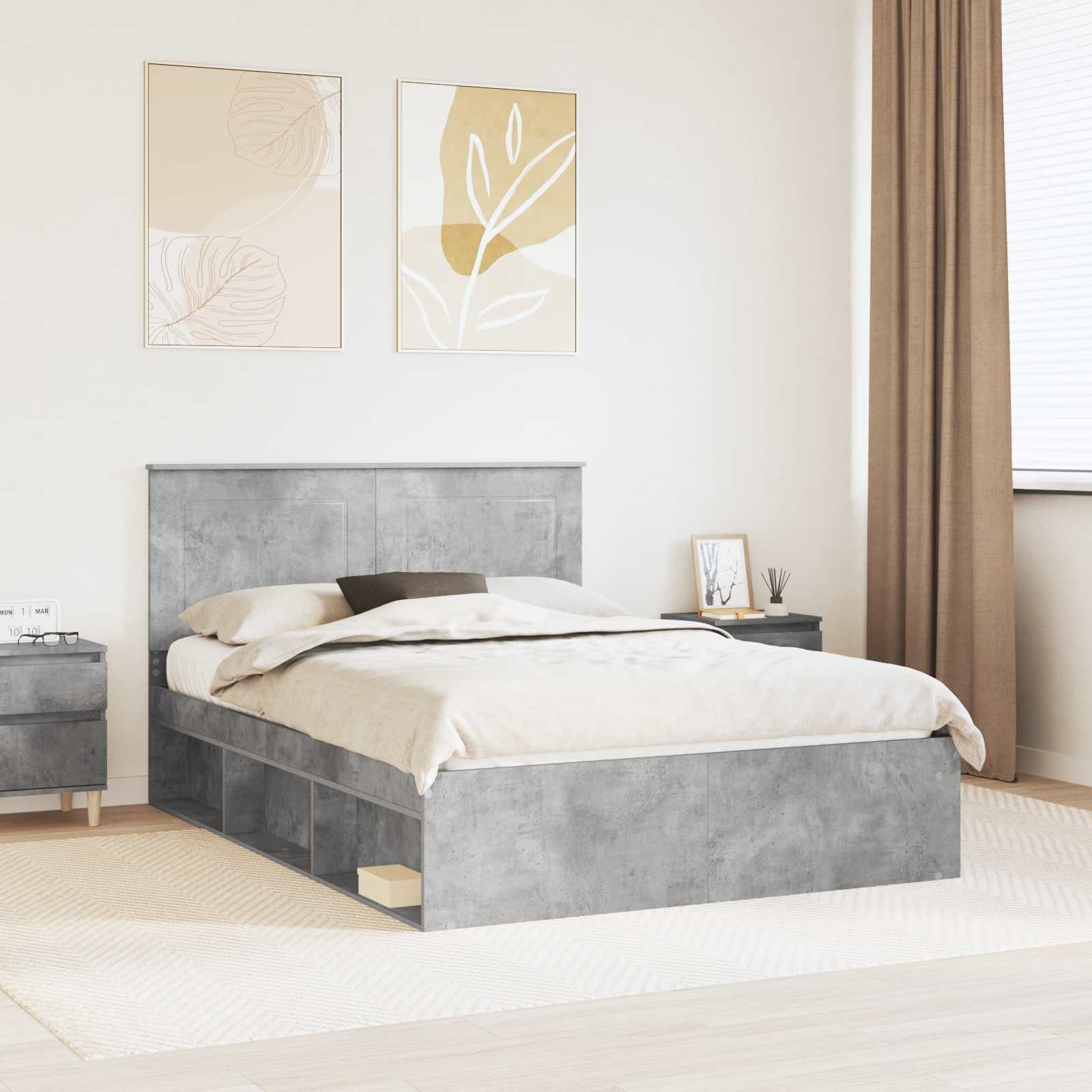 furnicato Bett Bettgestell 210 x 143 x 100 cm Betongrau (1-tlg), Fester Lattenrost Schlafrahmen mit Massivholz-Kopfteil für innen