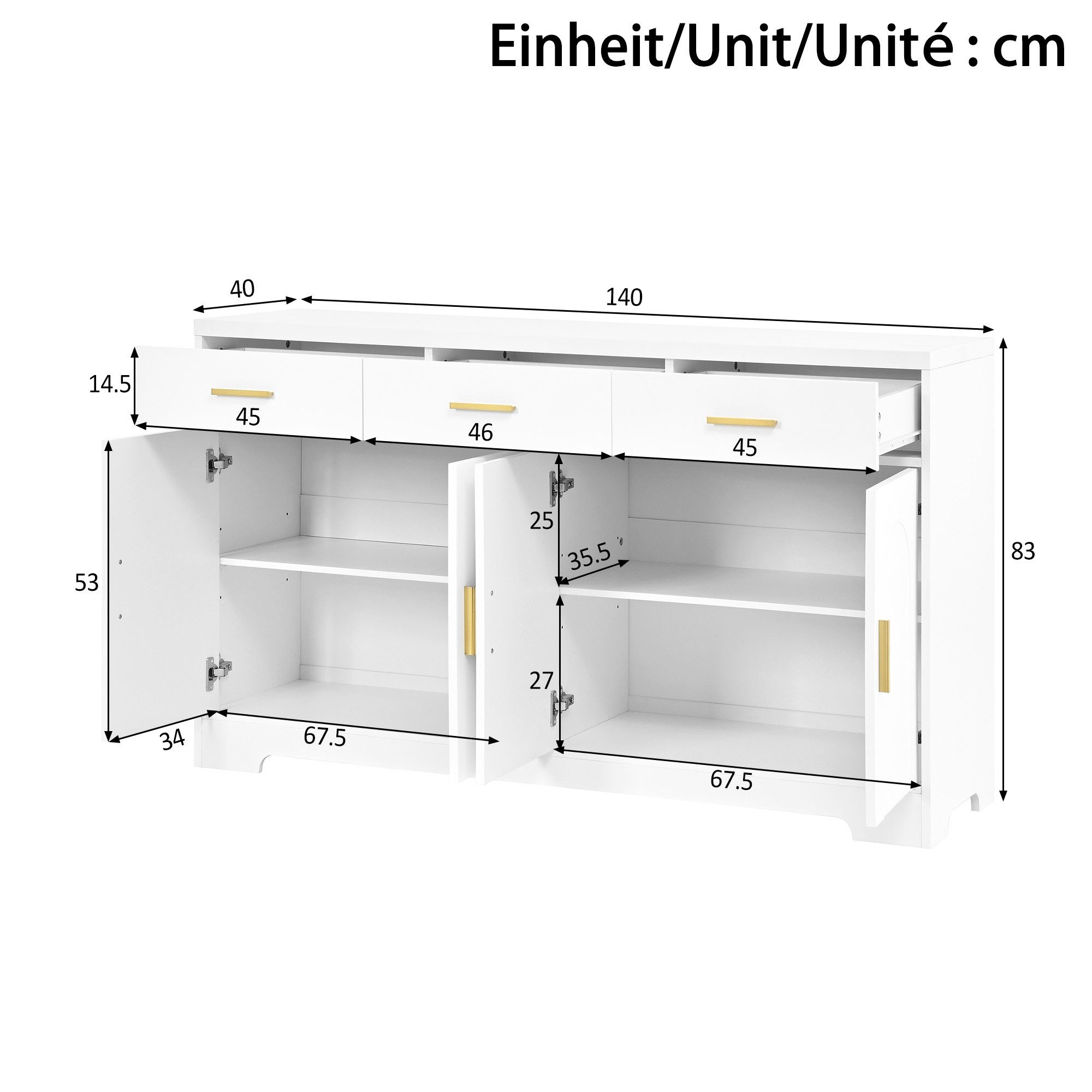 Merax Sideboard mit goldenen Metallgriffen, Dielenschrank Wohnzimmerschrank (140 x 40 x 83 cm, 1 St), Kommode mit 4 Bogen-Türen,3 Schubladen,höhenverstellbaren  – Bild 5 von 5