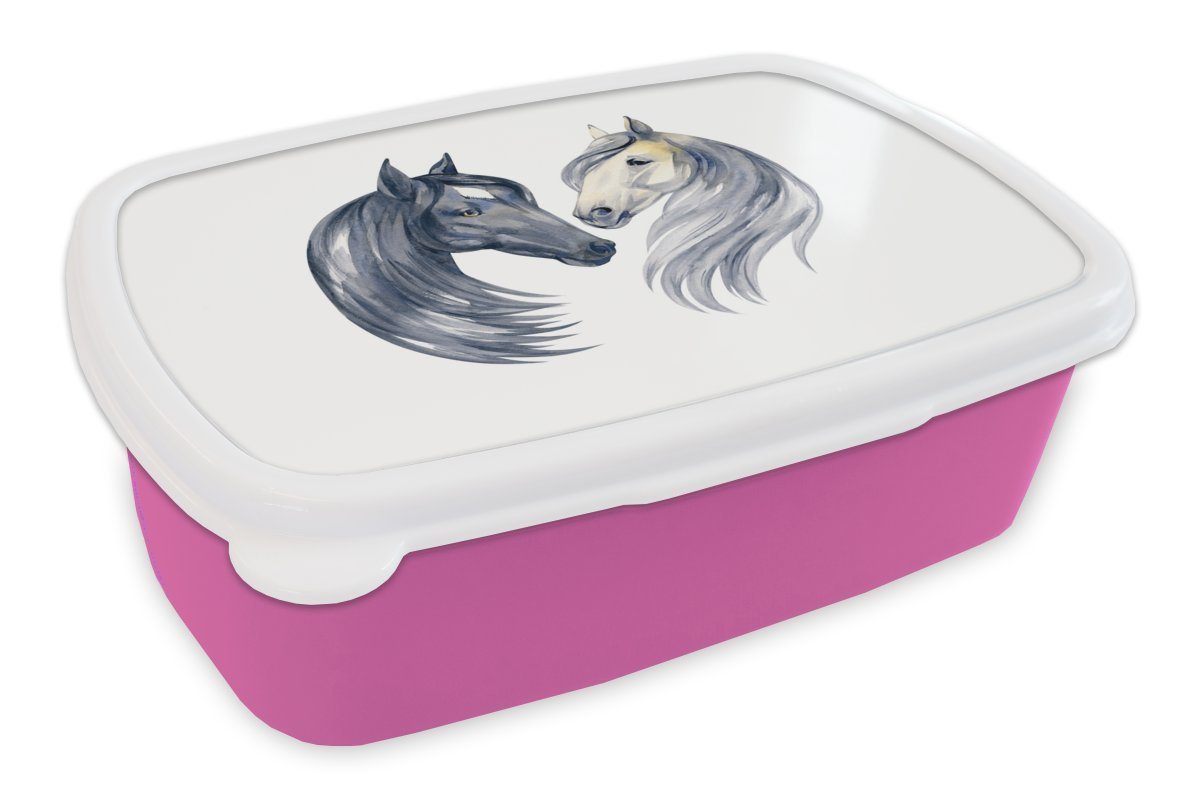 MuchoWow Lunchbox Pferde - Aquarell Snackbox, - Mädchen, rosa Mädchen, Kunststoff, - Mädchen Kinder Kinder, Brotdose - Brotbox für (2-tlg), - Erwachsene, Kunststoff Mähnen