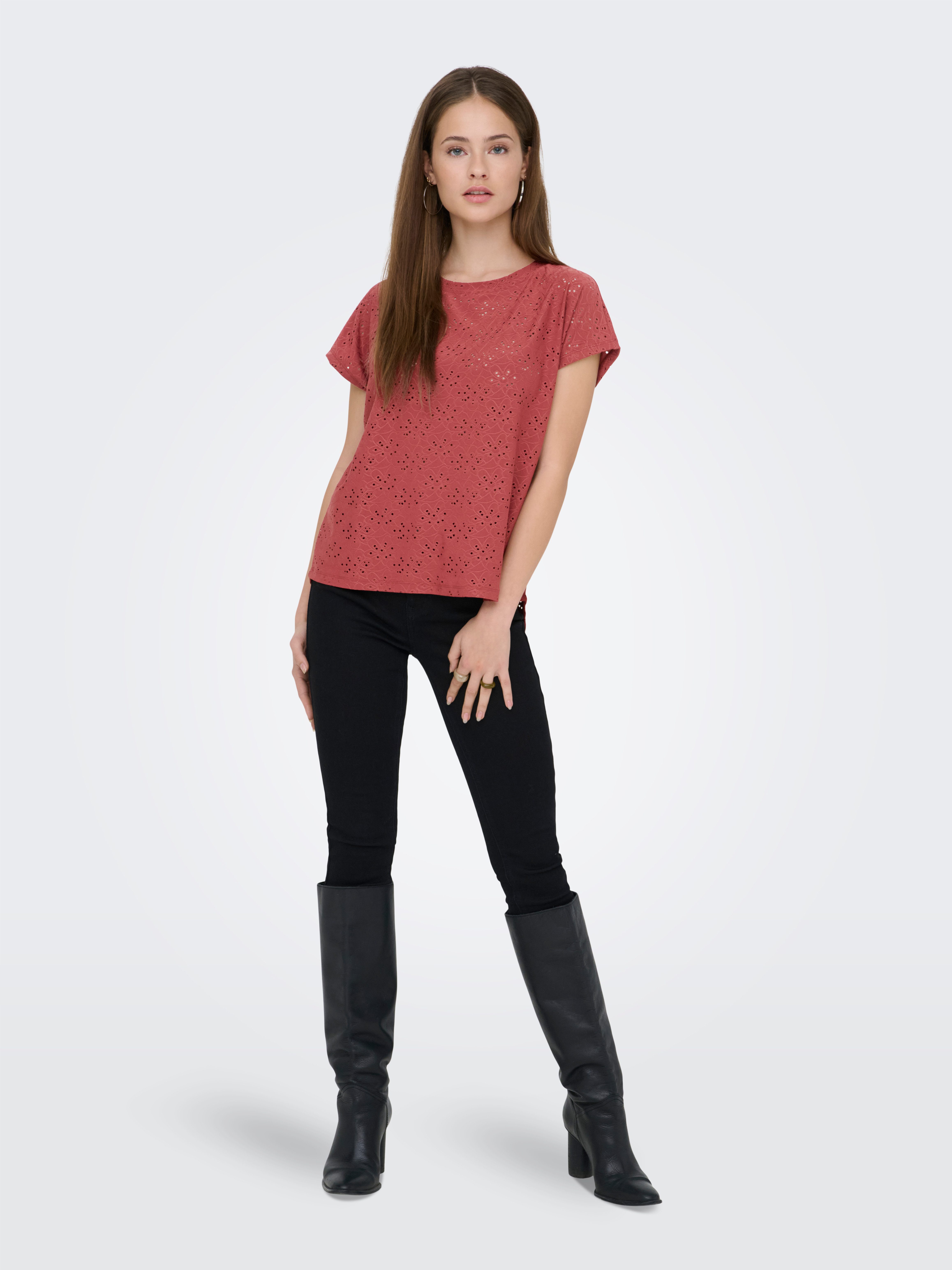 ONLY Kurzarmshirt ONLSMILLA LIFE S/S TOP JRS NOOS regular fit, modisch, Single Jersey, Materialmix, Rundhals, Spitze – Bild 4 von 5