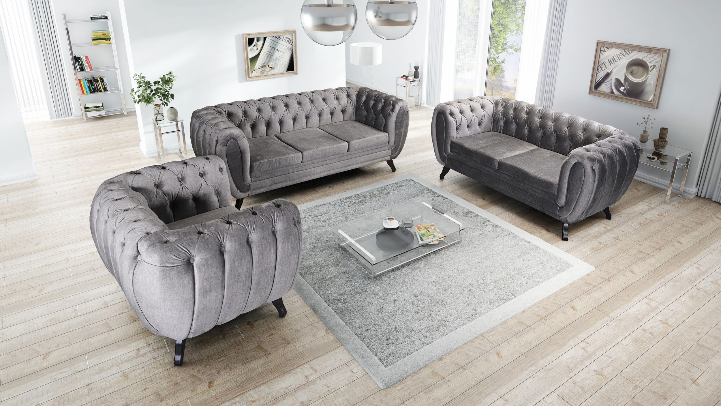 Küchen-Preisbombe Sofa Edles Sofa Set 3-2-1 Sitzer grau Couch Polstersofa Wohnlandschaft, Chesterfield Sofa Set 3-2-1