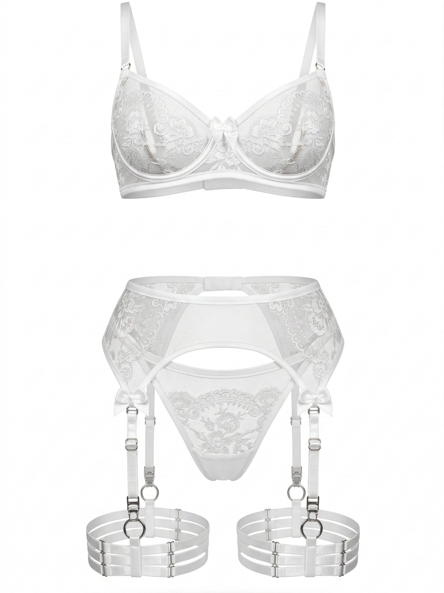 Elegant Love Set: Bügel-BH Reizwäsche: Sexy Dessous-Set aus Spitze – Strappy Lingerie (Set, 4-tlg., BH + High-Waist Slip + Strumpfhalter + Beinbänder) Sinnliche Damenunterwäsche mit Strapsen – ideal für besondere Momente