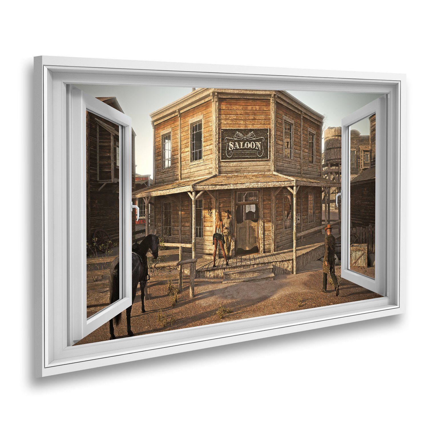 islandburner Leinwandbild Fensterblick Bewohnter Western Town Saloon mit verschiedenen Geschäfte
