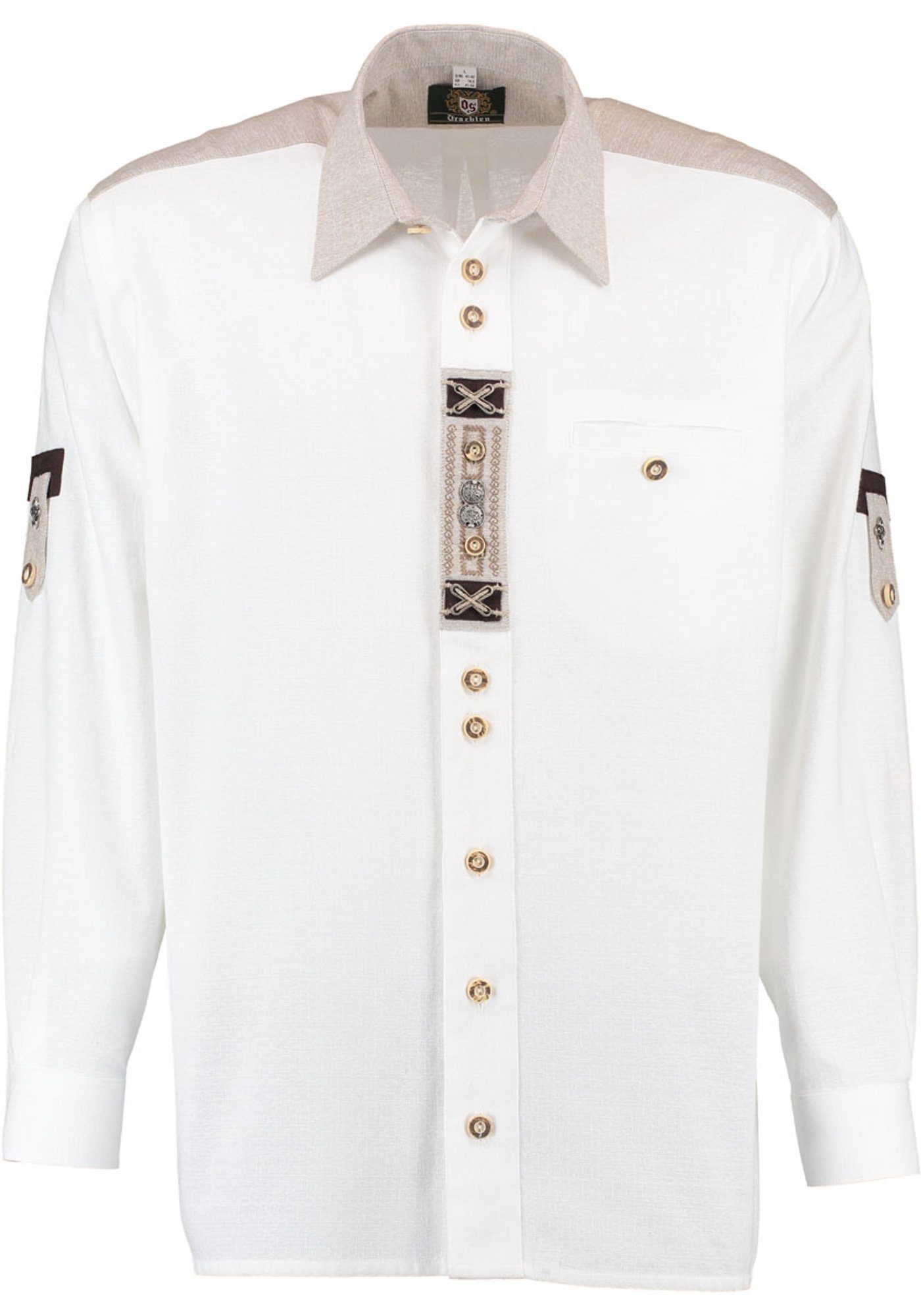 OS-Trachten Trachtenhemd Nvoion Langarmhemd mit Paspeltasche, Zierteile auf der Knopfleiste weiß
