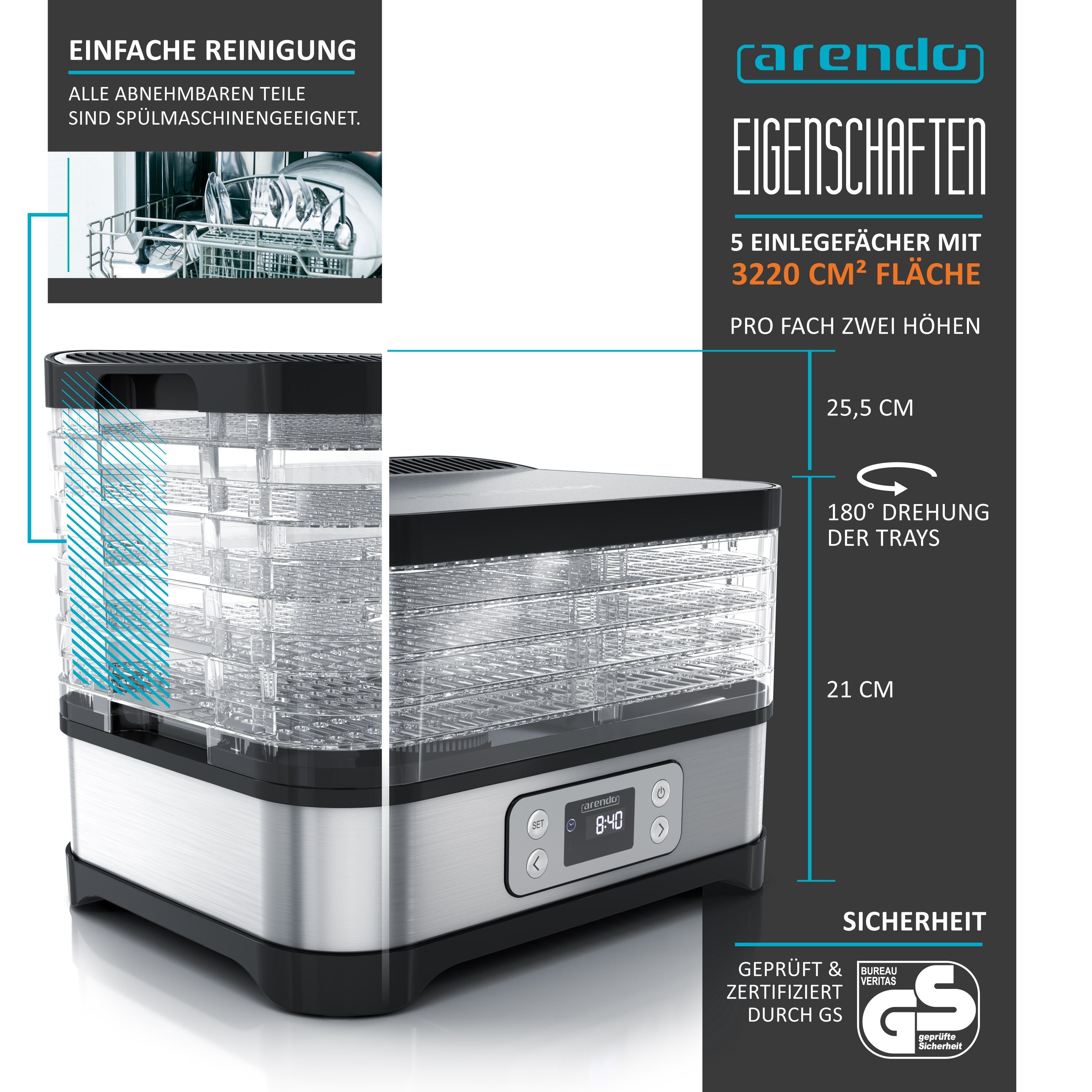 Arendo Dörrautomat mit Temperaturregler, 5 Etagen, 35-70°C, Edelstahl, Dörrgerät 260 W, 5 Etagen, Timer bis 72h, BPA-frei, Früchte/Gemüse/Fleisch, GS, Dehydrator