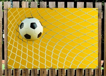 Wallario Sichtschutzzaunmatten Fußball im Tor - Hintergrund gelb