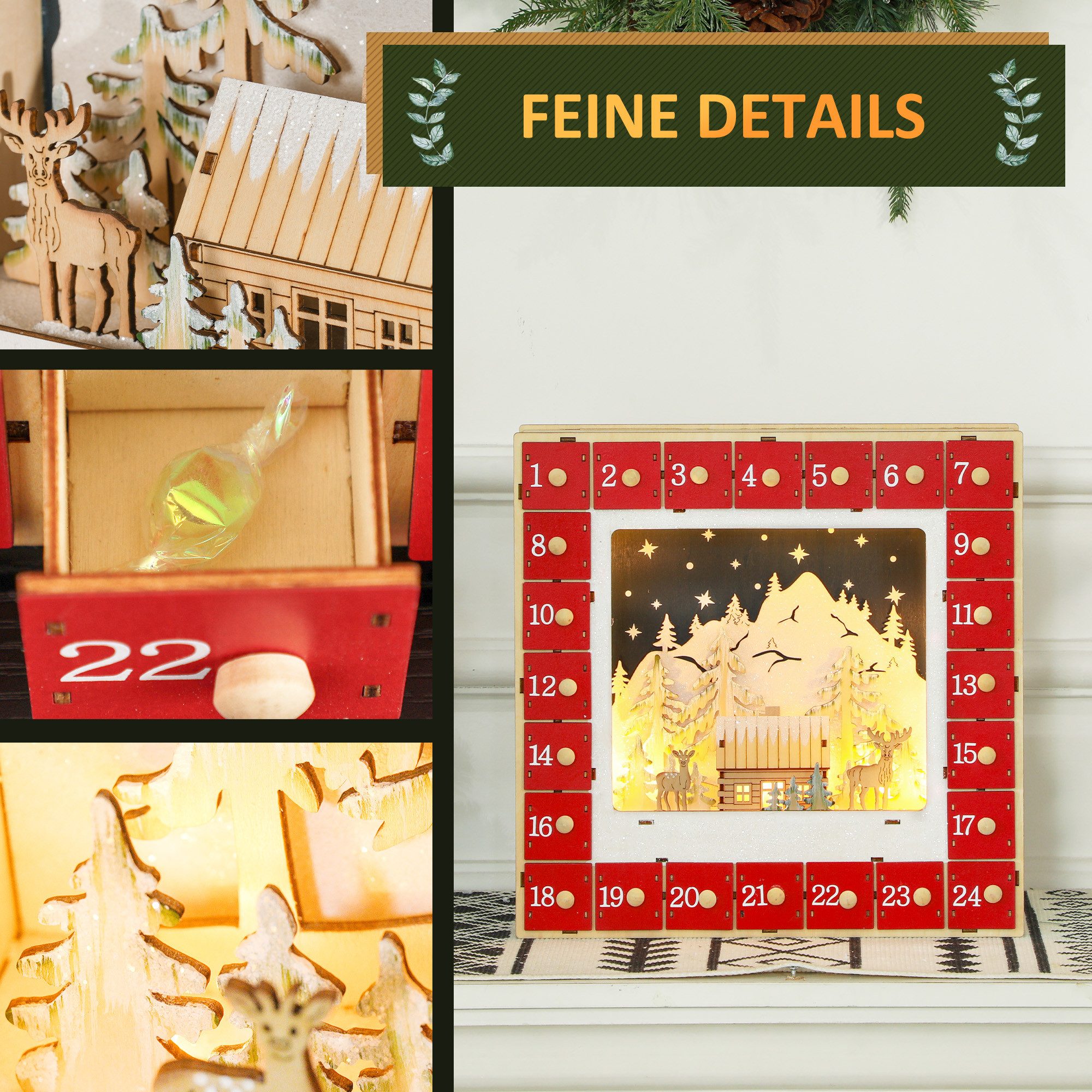 DOPWii Adventskalender LED Adventskalender mit Dorfszene, 24 große Schubladen, 34 x 7 x 34 cm