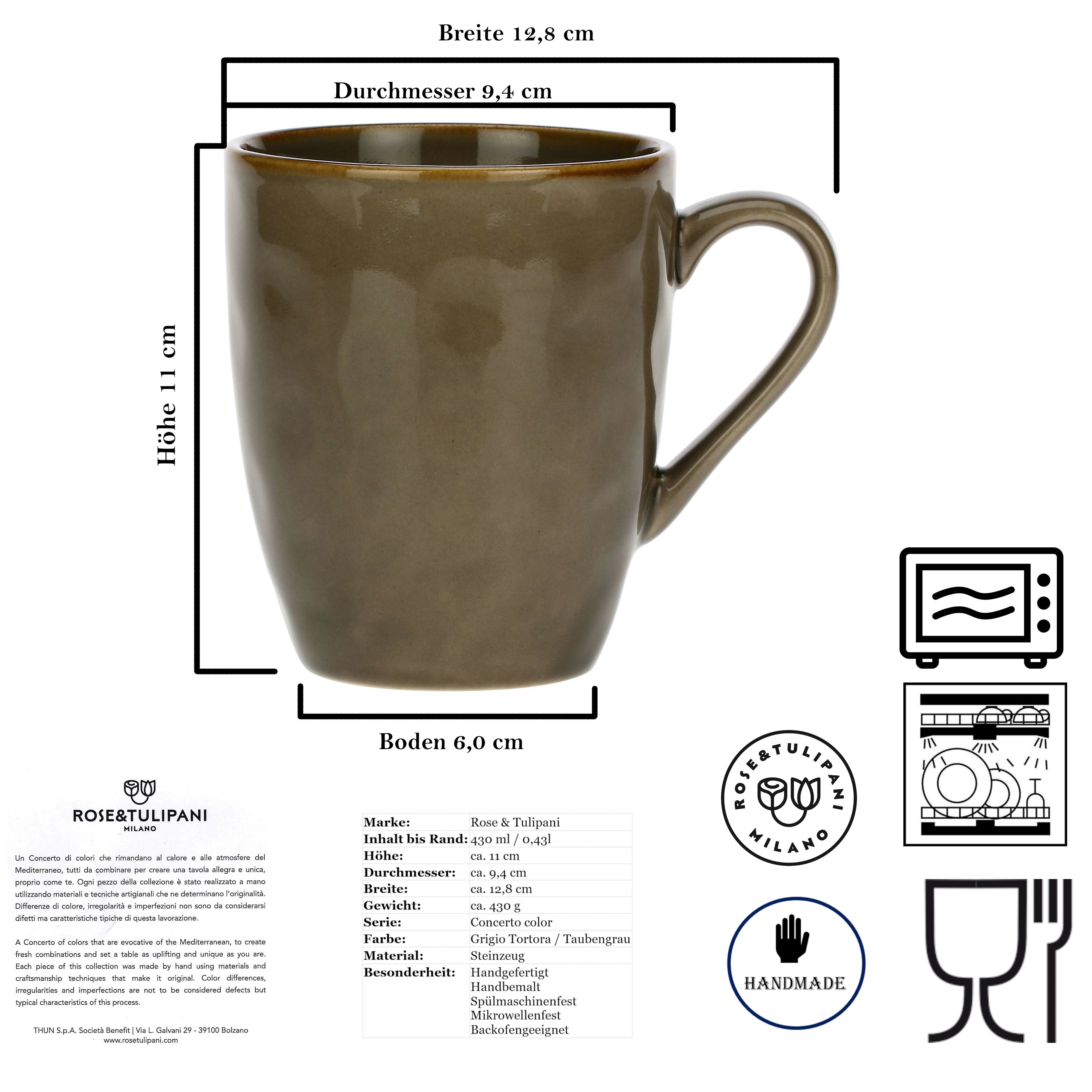 Rose & Tulpani Tasse Große Tasse Steingut Becher mit Henkel 430ml Grau, 1-tlg., Steingut, Handgefertigt, Backofengeeignet