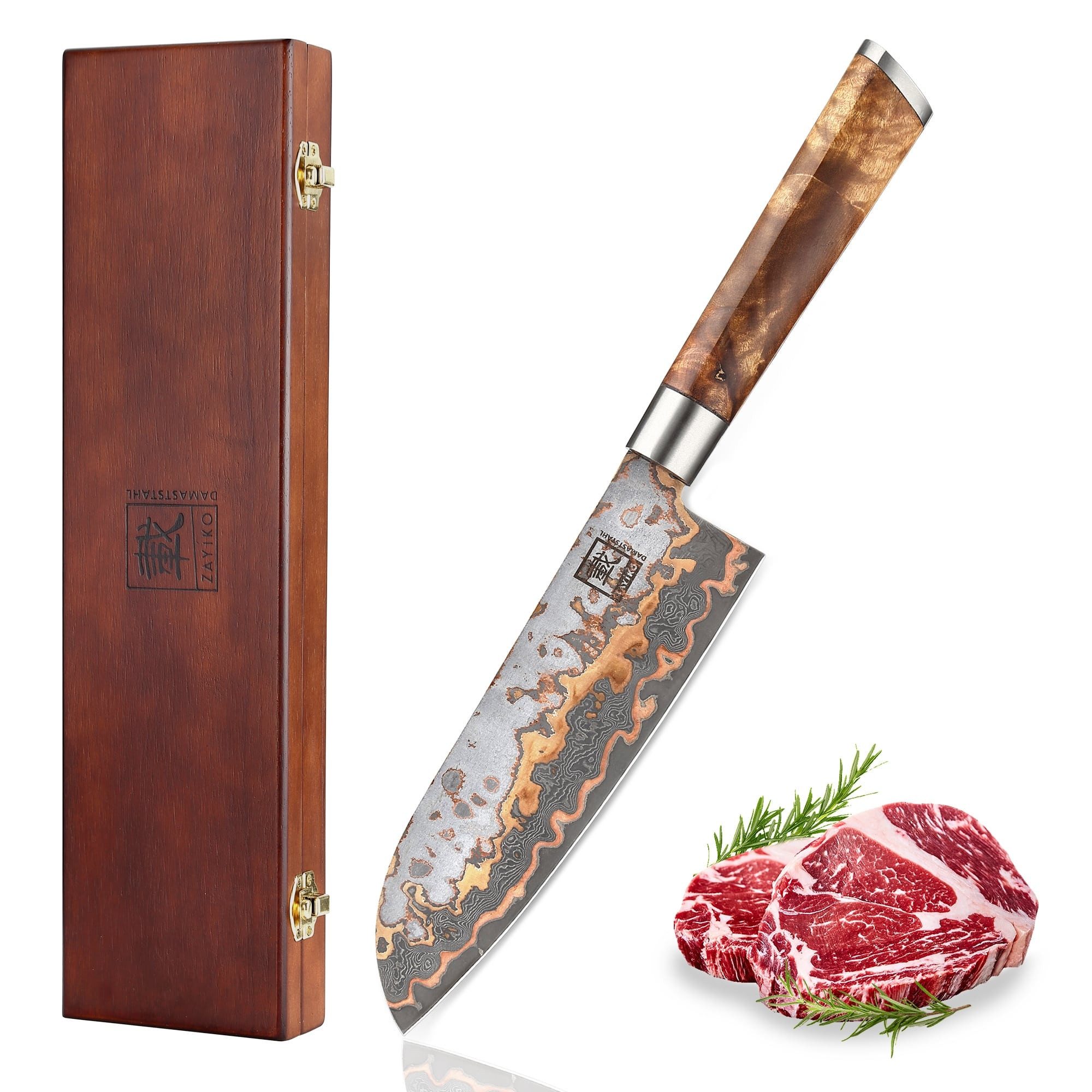 ZAYIKO Santokumesser MysticMagma Santoku Küchenmesser17,5cm Kupfer-Bronze-Damastklinge, Damaststahl, Kupfer-Bronze-Einlage