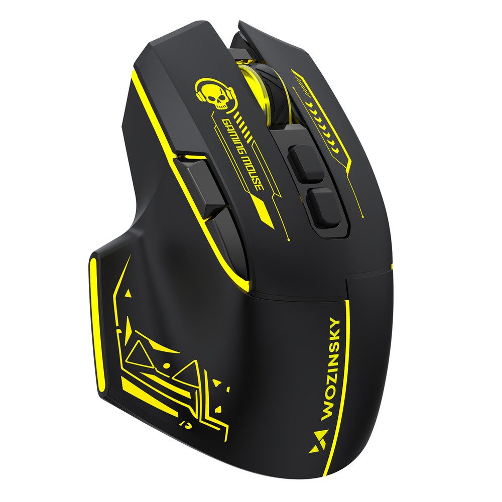 Wozinsky Funkmaus Computermaus Akkumaus Gaming-Maus (Bluetooth, Funk, Akku, gelbe Beleuchtung, 7 Tasten, 3200 dpi)