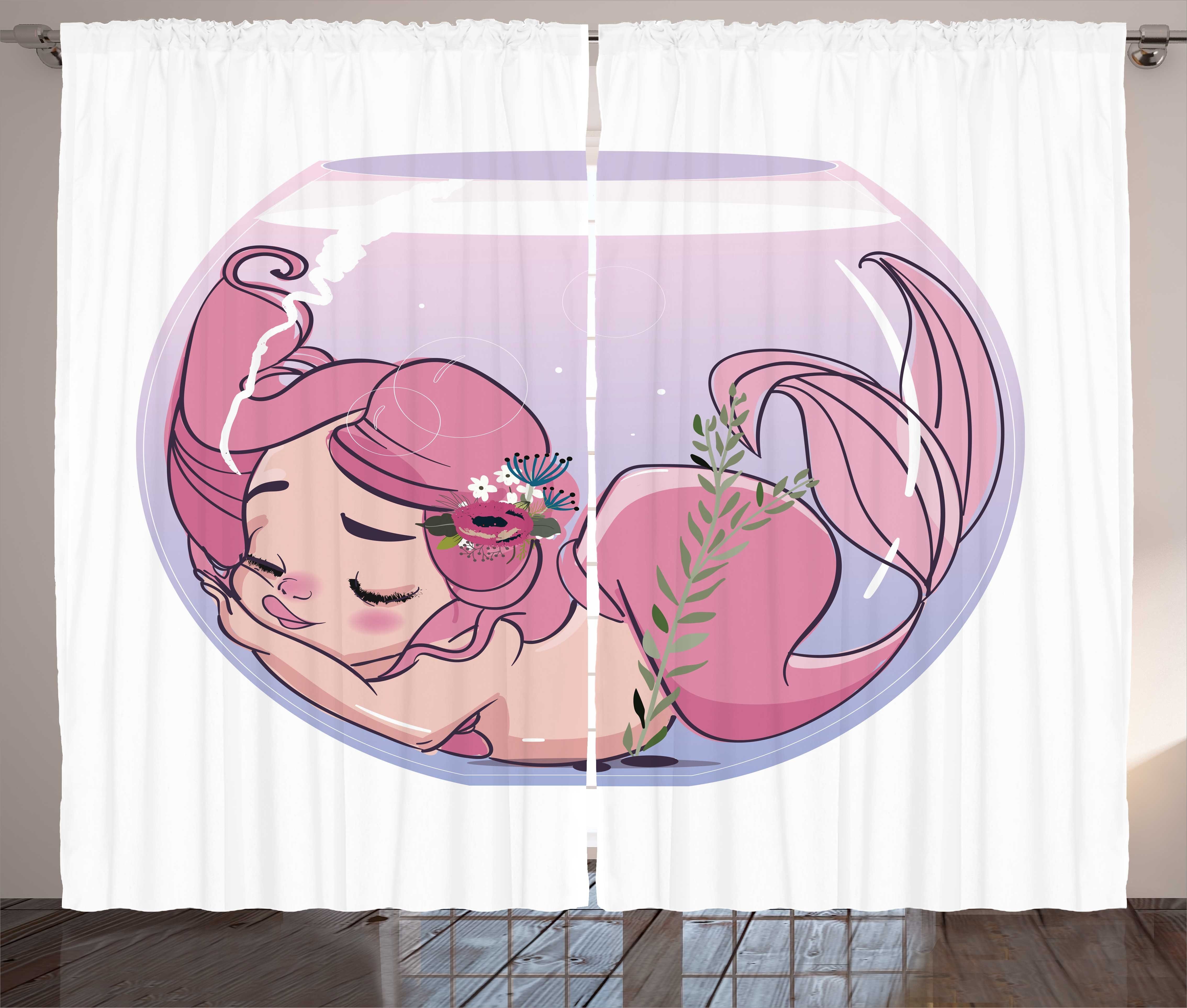 Gardine Schlafzimmer Kräuselband Vorhang mit Schlaufen und Haken, Abakuhaus, Meerjungfrau Cartoon in Fish Bowl