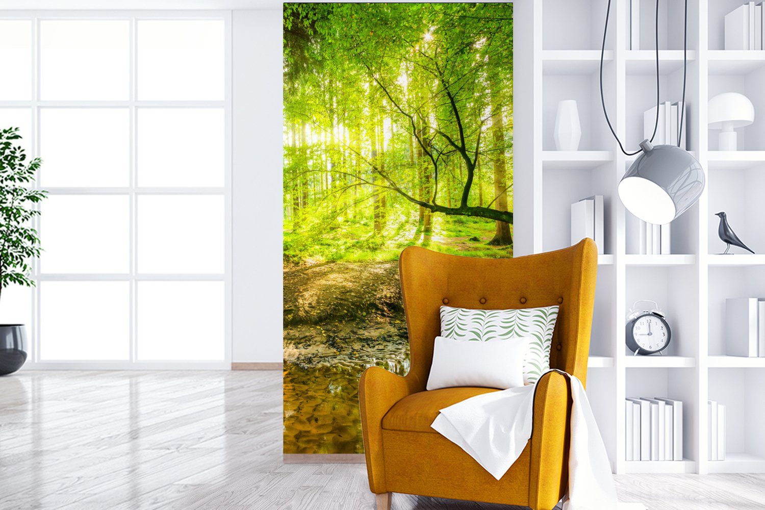 Vliestapete Natur, (2 Fototapete Bäume MuchoWow - bedruckt, - Schlafzimmer St), für - - Landschaft Matt, Sonne Wald - Küche, Fototapete Wohnzimmer Wasser Grün -