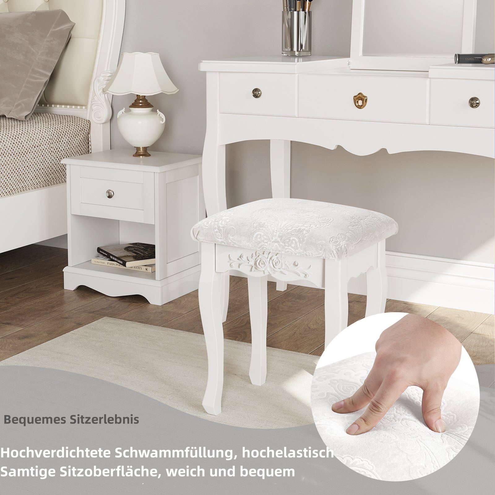 Sitzhocker für MDF lackiert, (1 Weiß Holz, Barock Schminktisch, Woltu St),