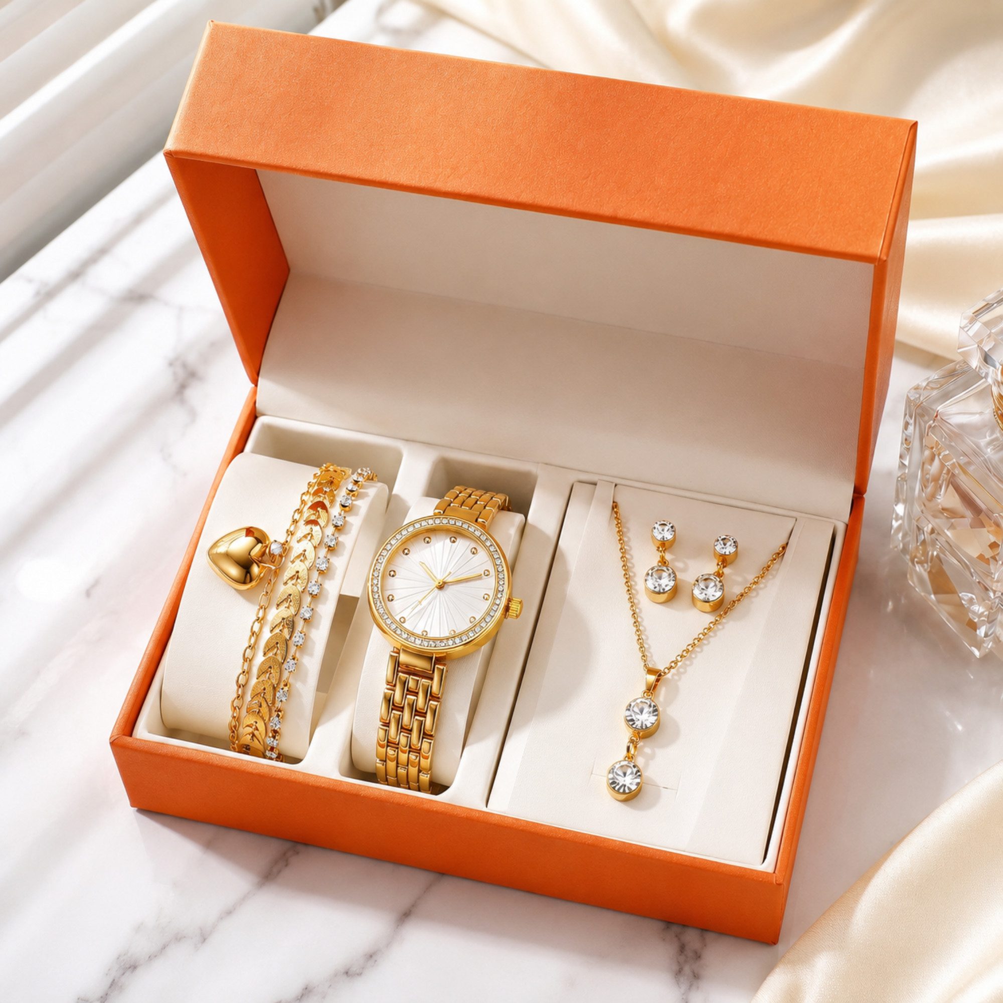 Luckice Quarzuhr Geschenk Damen Armbanduhr Armband Halskette Ring Ohrring Schmuck Set, (Elegant Analog Quarz Uhr mit Digital Zifferblatt .Frauen Mädchen Strass Quarzuhr für Weihnachten Bracelet Jewelry Set.Damengeschenke, Weihnachten, Valentinstag, Hochze