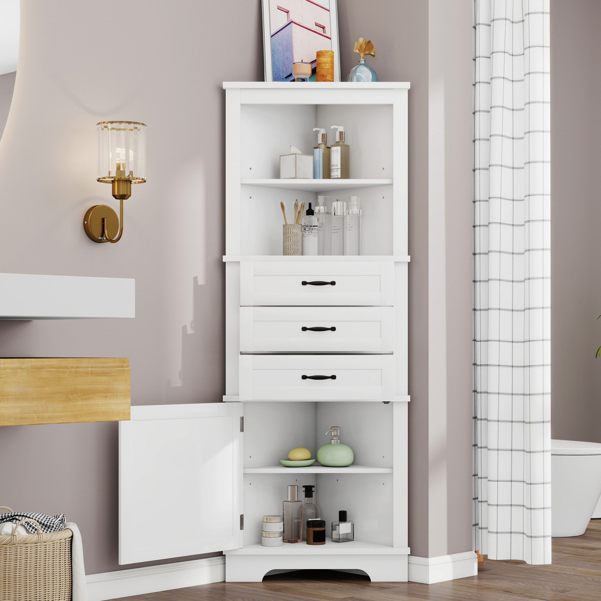 Flieks Eckschrank Badkommode Hochschrank mit 3 Schubladen und verstellbaren Einlegeböden (1-St., 57,7×46×167,5 cm) Badezimmerschrank Mehrzweckschrank Eckregal mit 4 Fächern Weiß