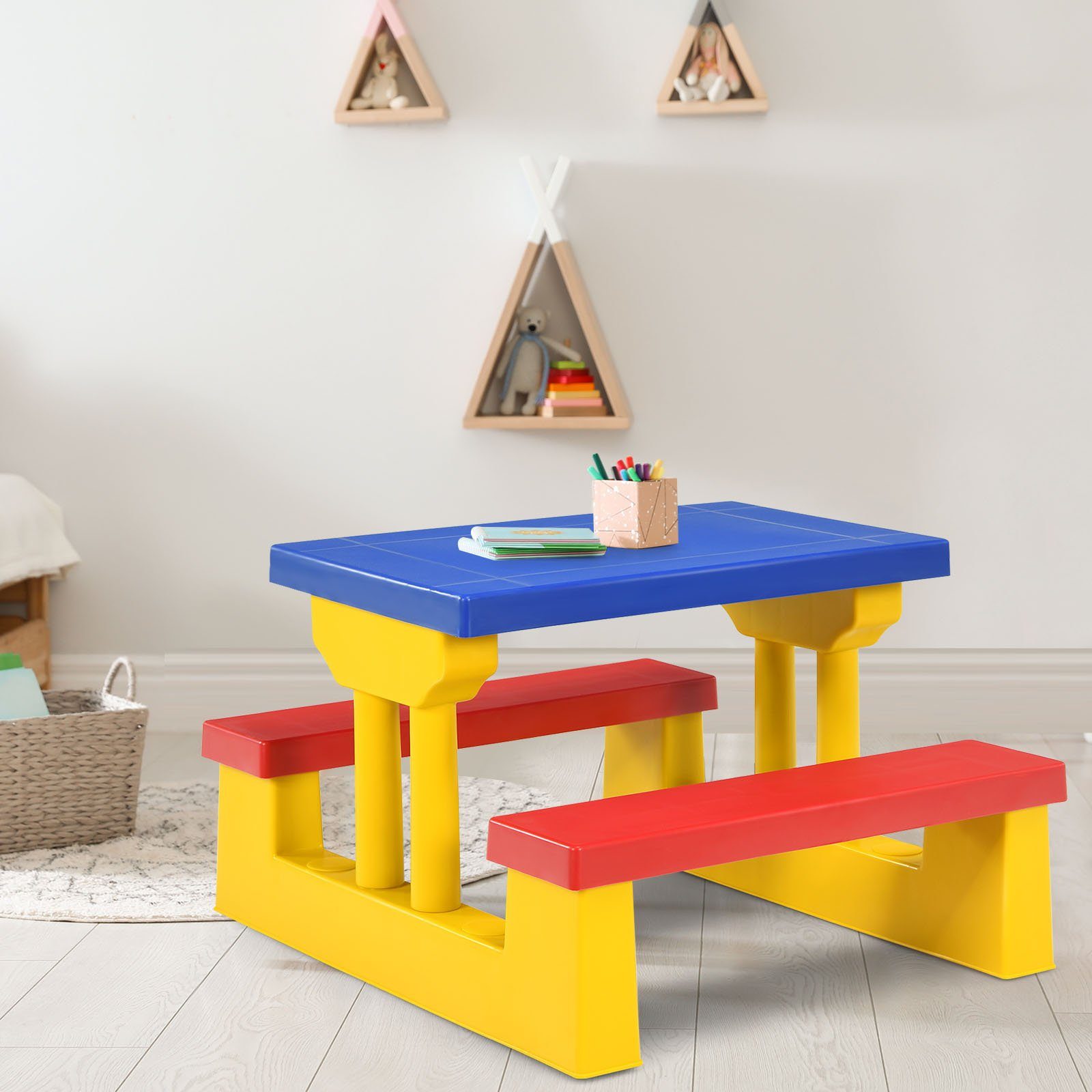COSTWAY Kindersitzgruppe Sitzgarnitur, Kindertisch, Rot+Blau+Gelb mit Sonnenschirm