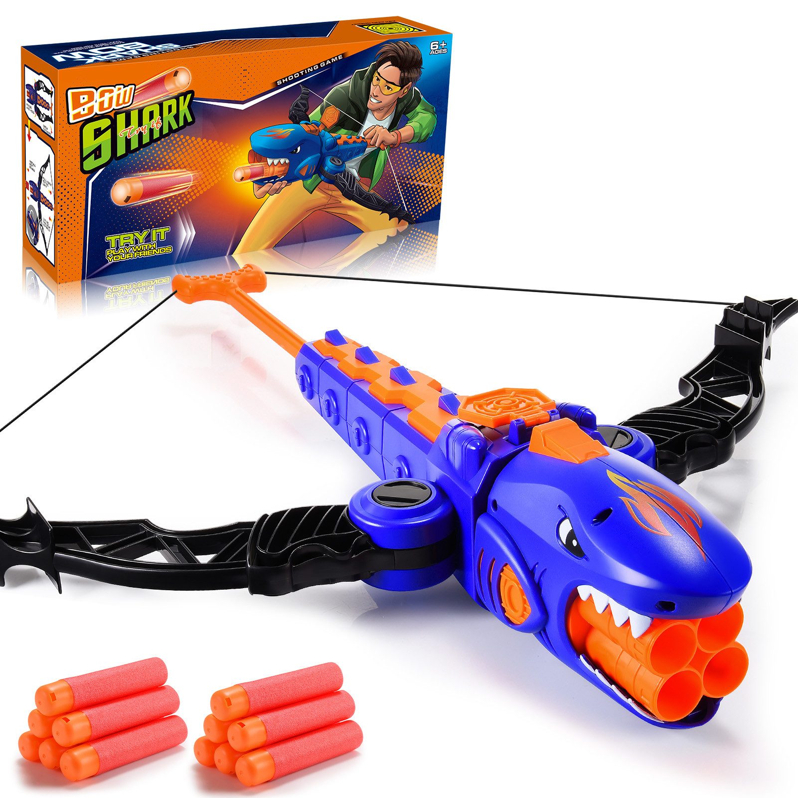 Wootoy Kinderbogenset Hai-Spielzeug Bogenset mit Schaumstoffpfeilen Outdoor Zielspiel (Weiche Schaumstoffpfeile mit integriertem Pfeilhalter, 1-tlg., Stabiler Bogen elastische Bogensehne und ergonomischer Zuggriff), Geschicklichkeitsspiel Freizeitspiel Familienspiel im Freien
