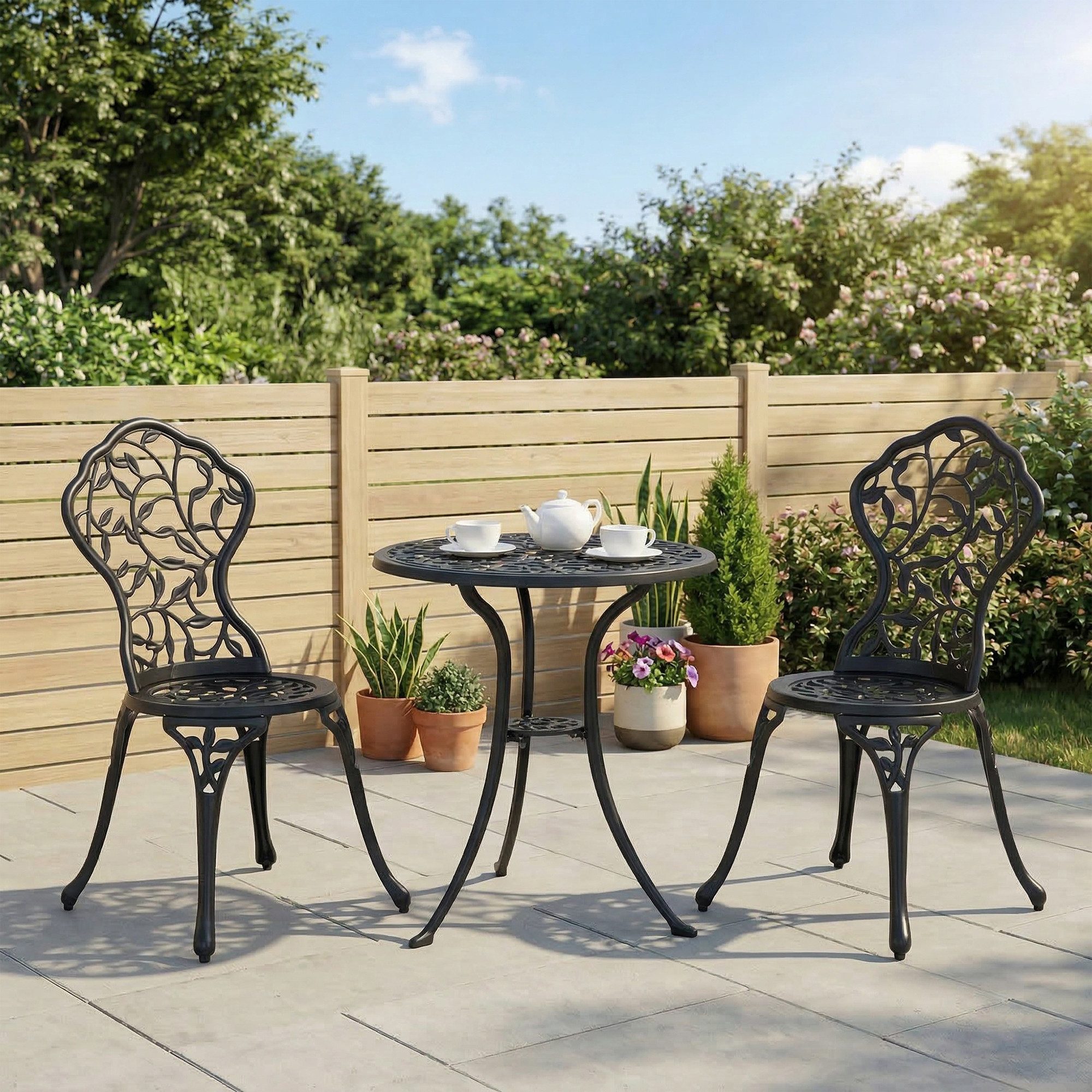 Outsunny Balkonset Bistroset Gartenset aus Aluminiumguss Schwarz, (Gartenmöbel, 3-tlg., Balkonmöbel), Bistrotisch mit 2 Stühlen