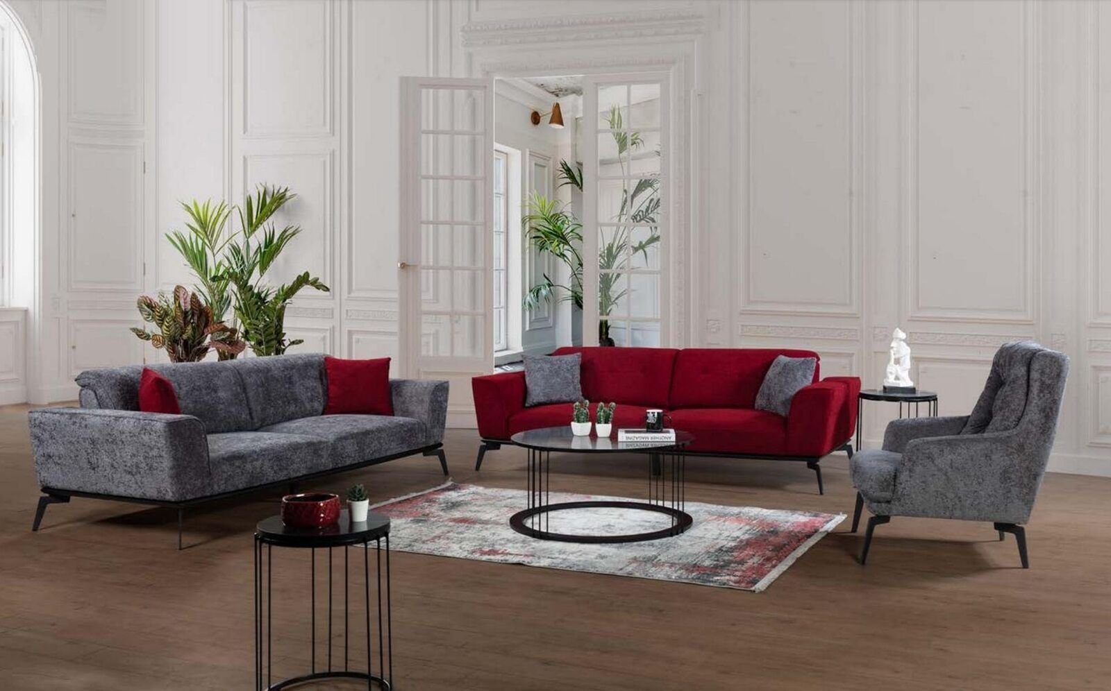 JVmoebel Sofa Sofagarnitur 3+3+1 Couch Set Garnitur Polster Sitzmöbel Stoff Polster, 3 Teile