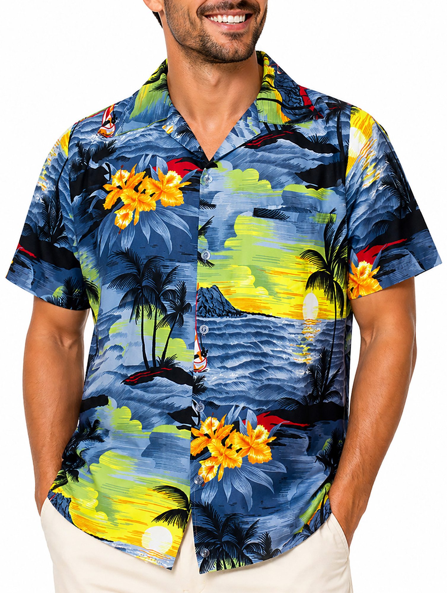 King Kameha Hawaiihemd "Surf" Funky Hawaii-Hemd Herren Kurzarm Front-Tasche Sommerhemd