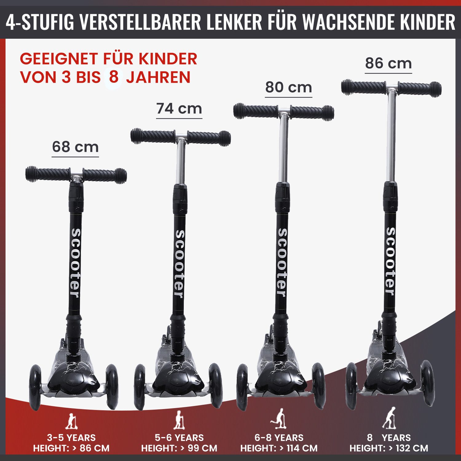 Habib Gruppe Dreiradscooter Kinderroller ab 3 Jahre mit Metall-Trittbrett LED klappbar, Metall-Trittbrett, LED-Räder, klappbar, Lenker höhenverstellbar – Bild 4 von 5
